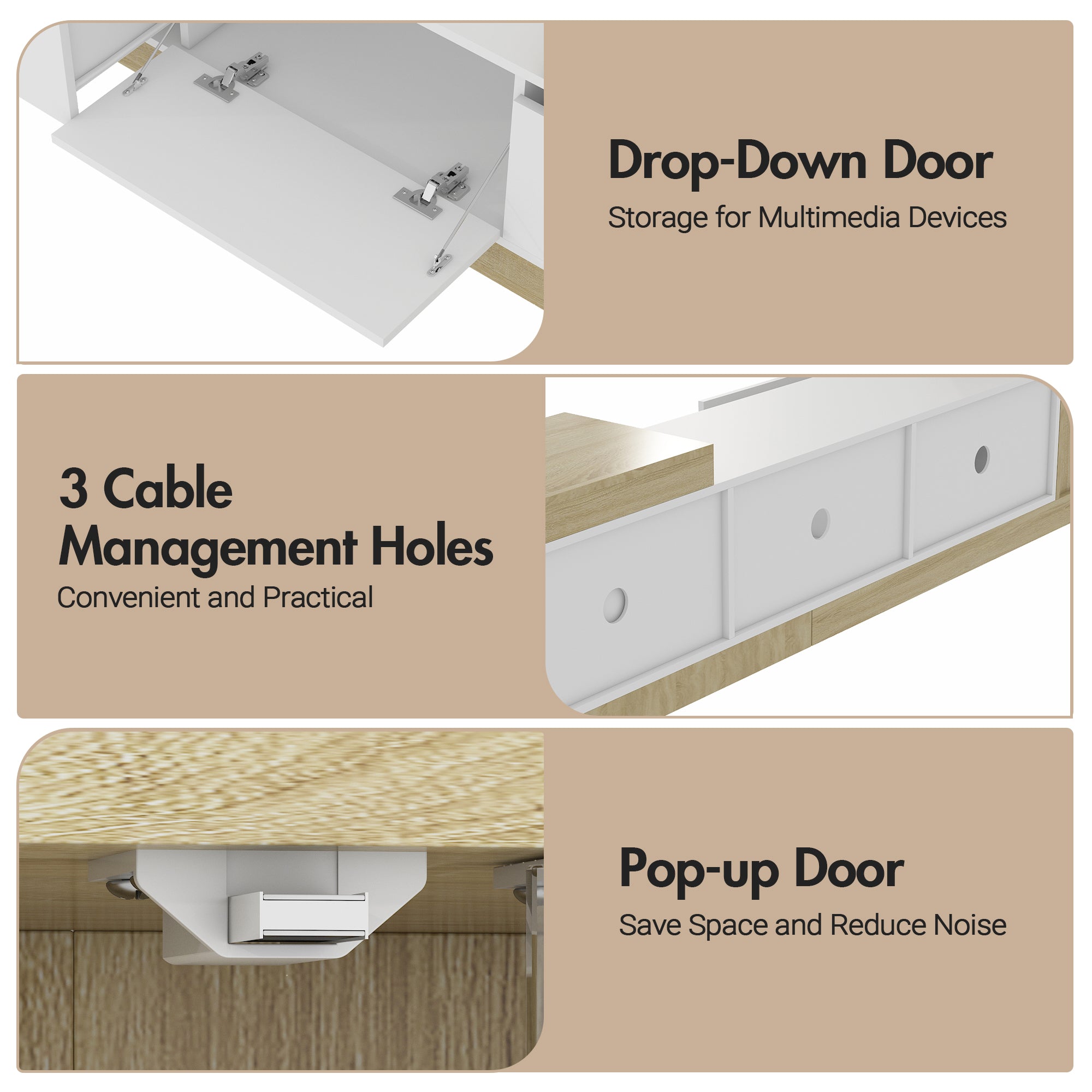 Multimedia device storage solution with drop-down, cable management, and pop-up door features.
