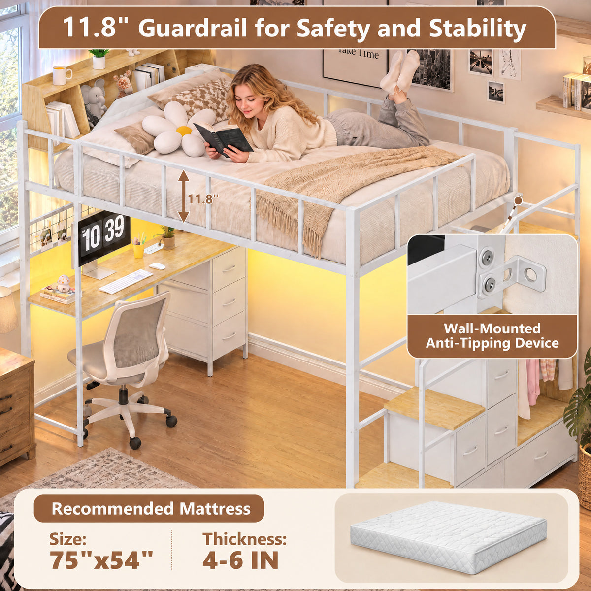 Advwin Loft Bed with Storage Headboard & Power Outlets