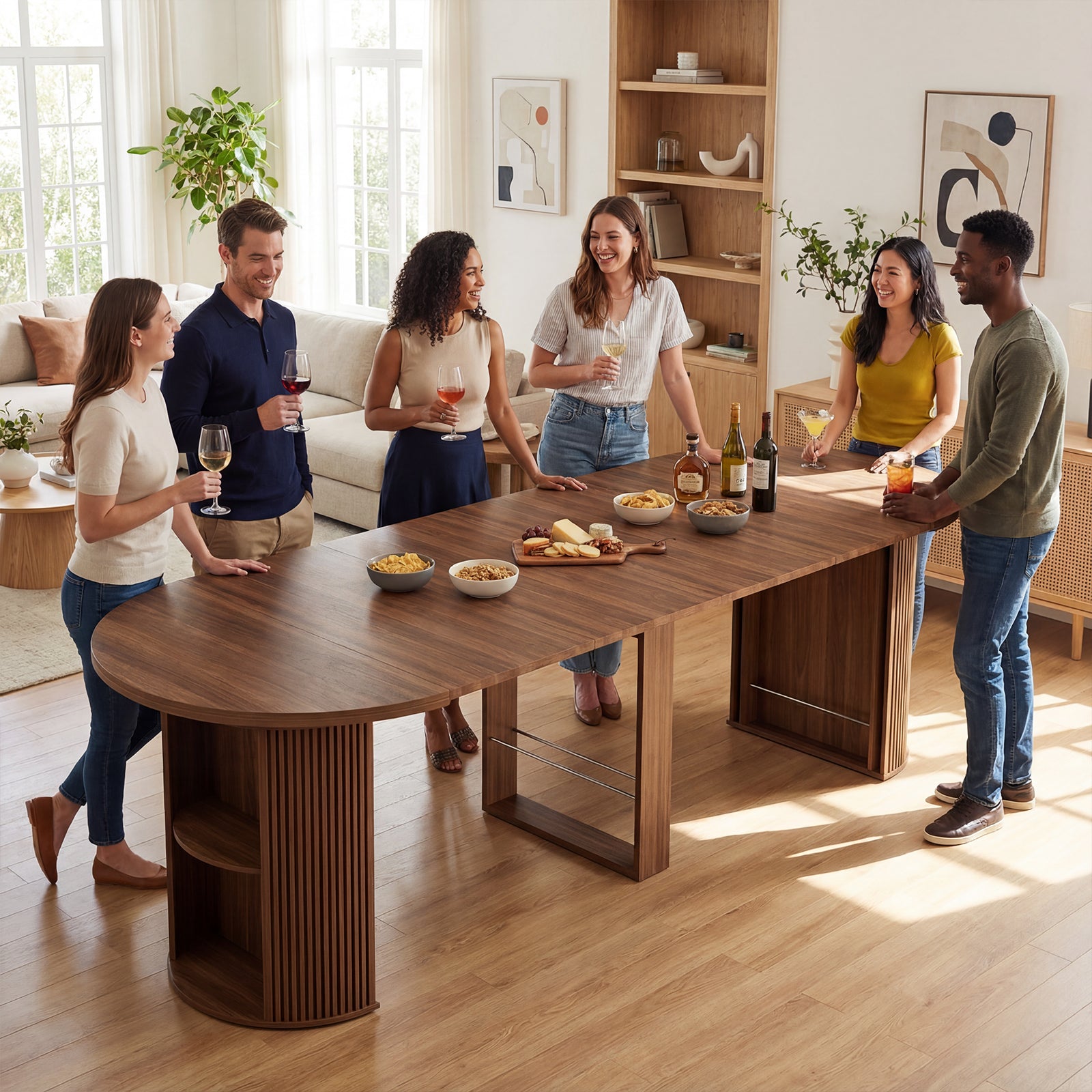 Group of people gathered around a wooden dining table in a bright living room.
