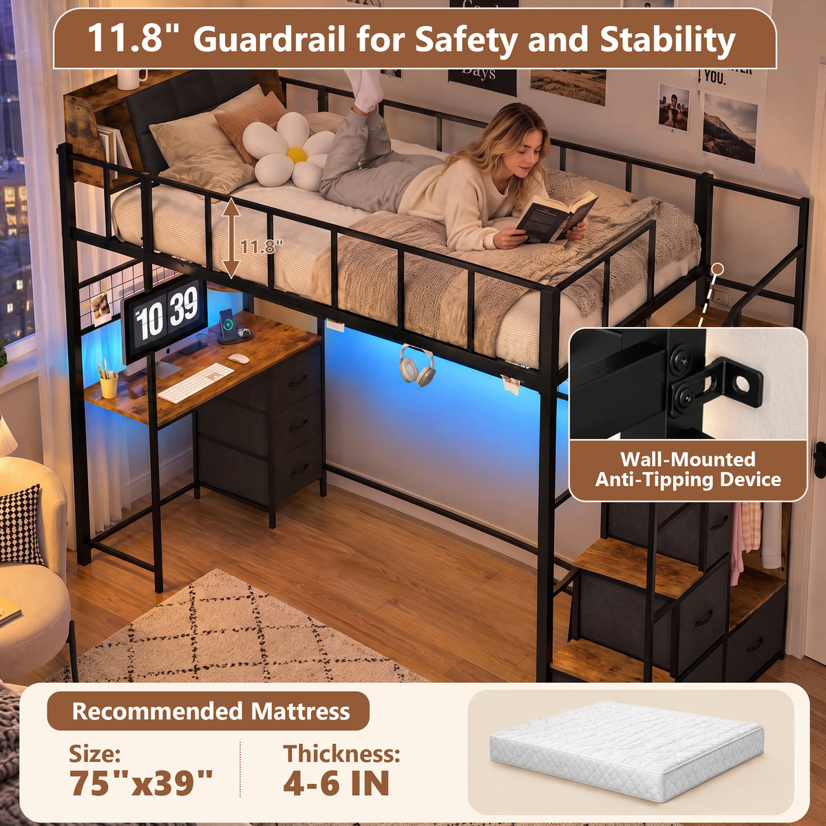 Advwin Loft Bed with Storage Headboard & Power Outlets