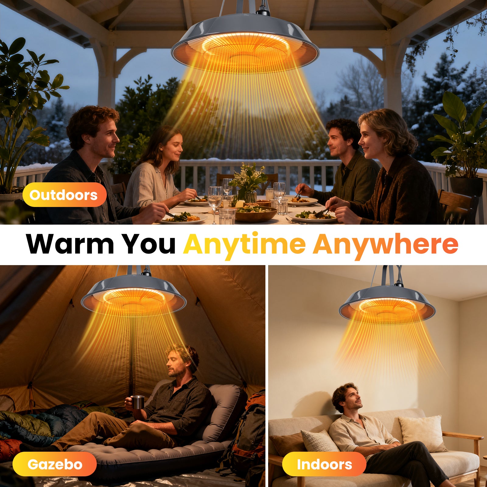Heated outdoor shower head with people using it in various settings.