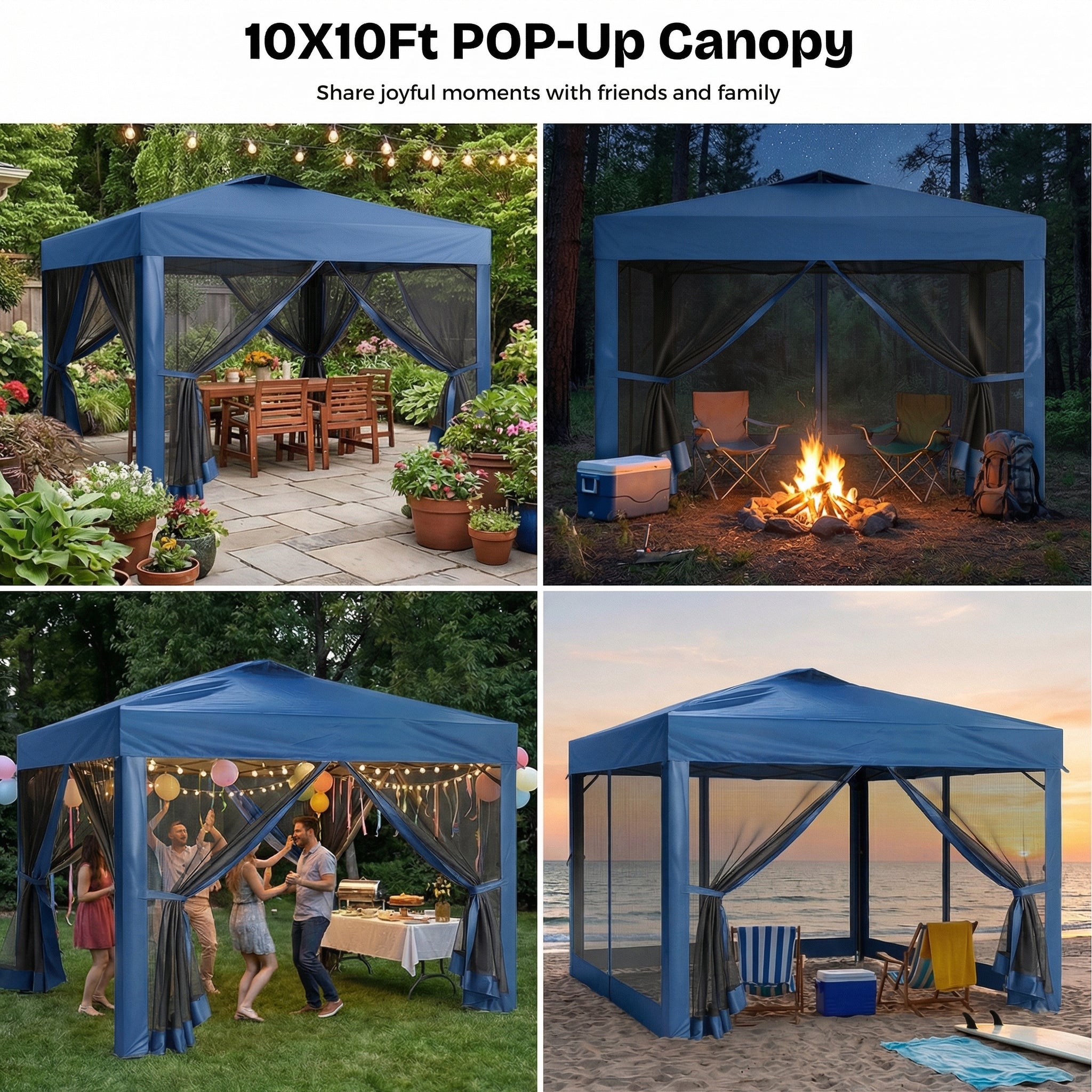 10x10ft pop-up canopy used outdoors in various settings with people and activities.