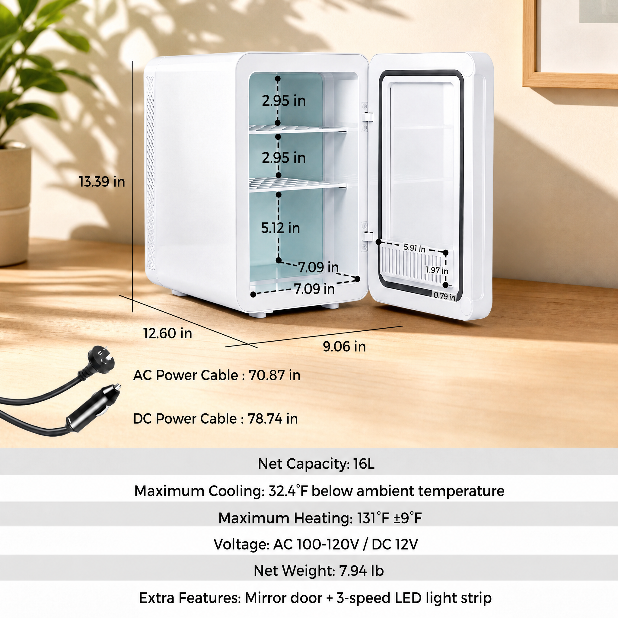 Advwin 16L Mini Skincare Fridge with Mirror & LED Lighting