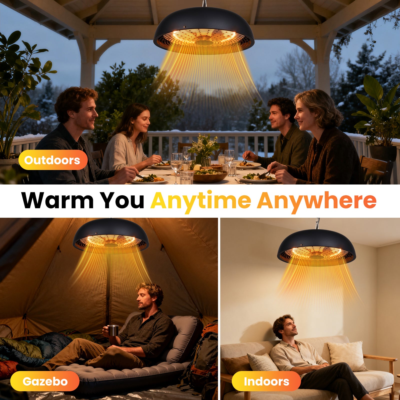 People dining outdoors, in a tent, and on a couch with a heated lamp illuminating the scene.