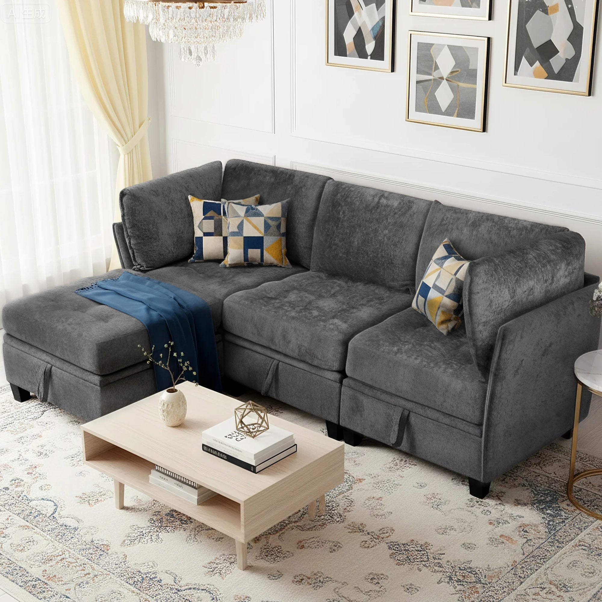 Gray sectional sofa with decorative pillows in a living room setting.