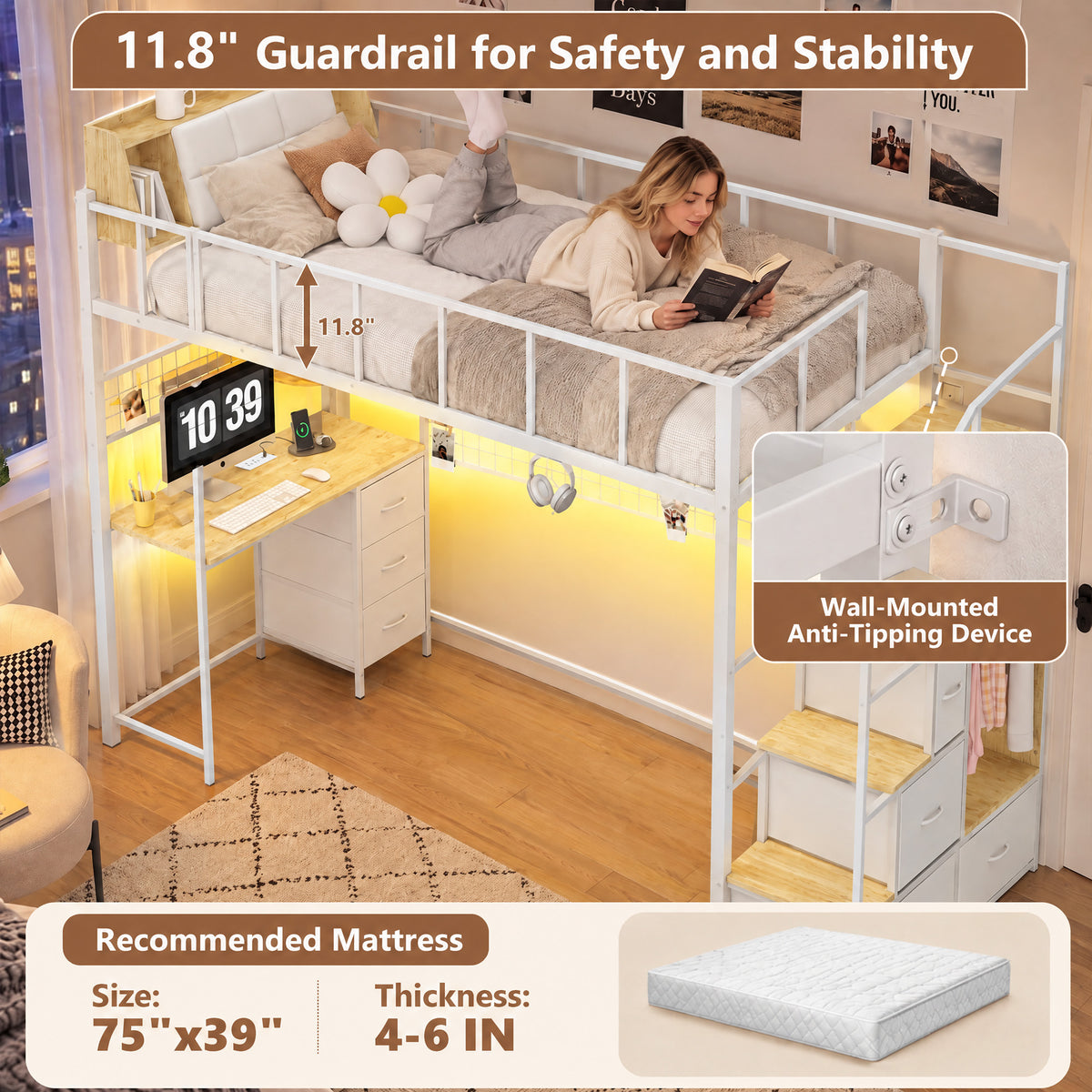 Advwin Loft Bed with Storage Headboard & Power Outlets