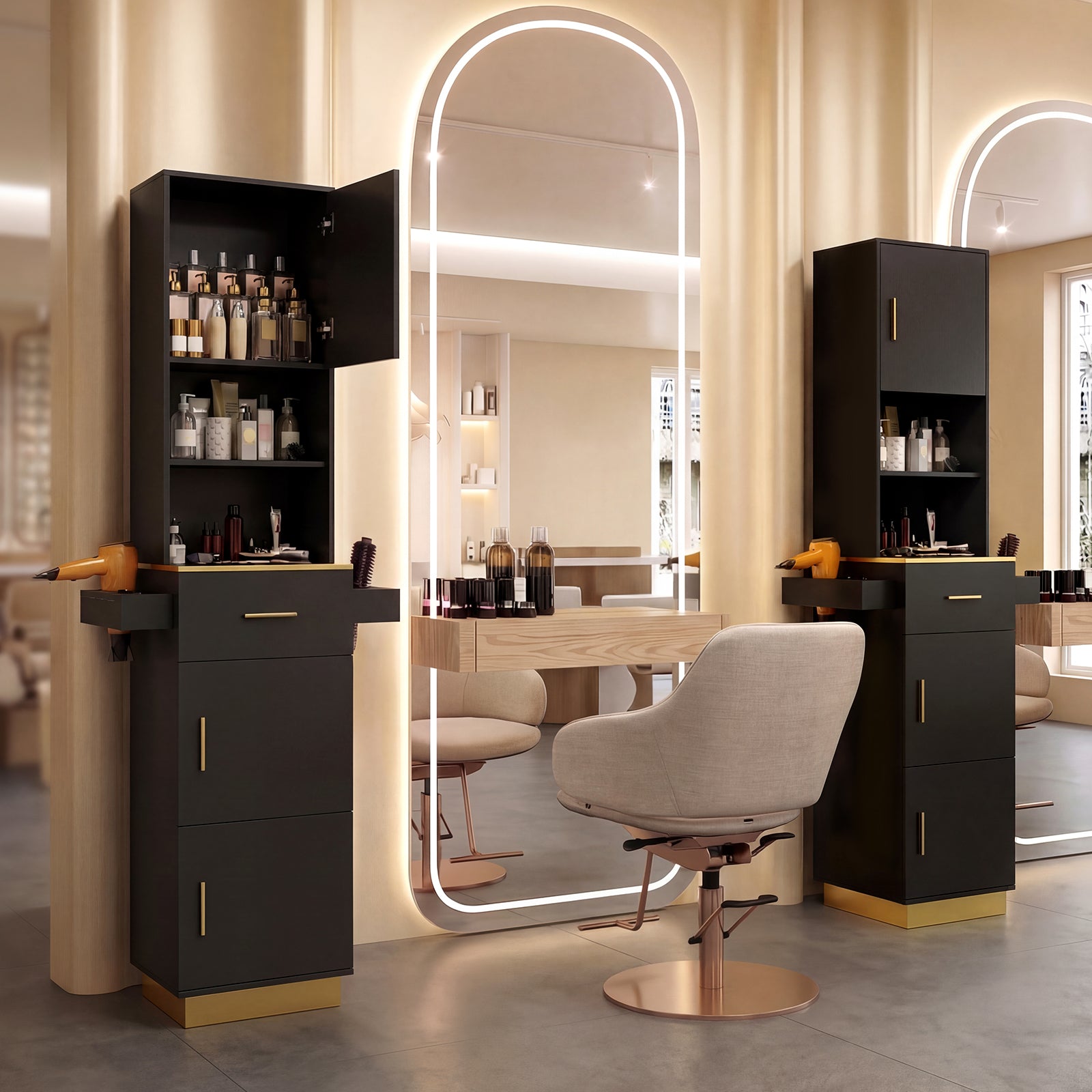 Salon styling station with mirror, chair, and shelves.
