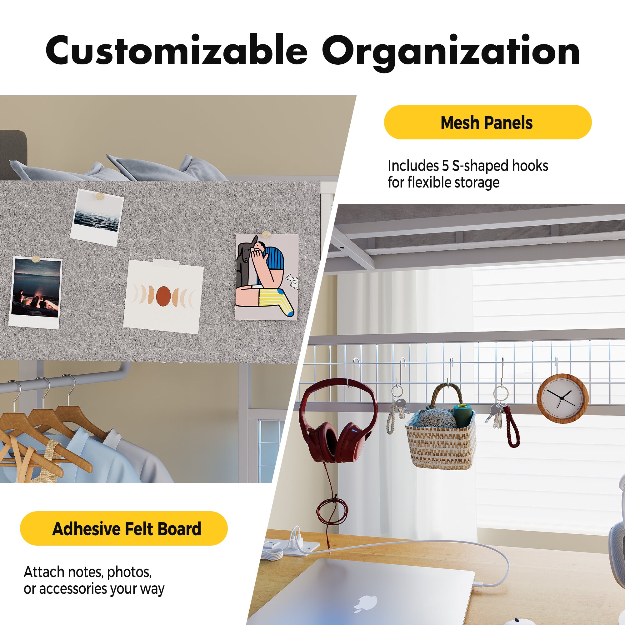 Customizable organization system with adhesive felt board and mesh panels.