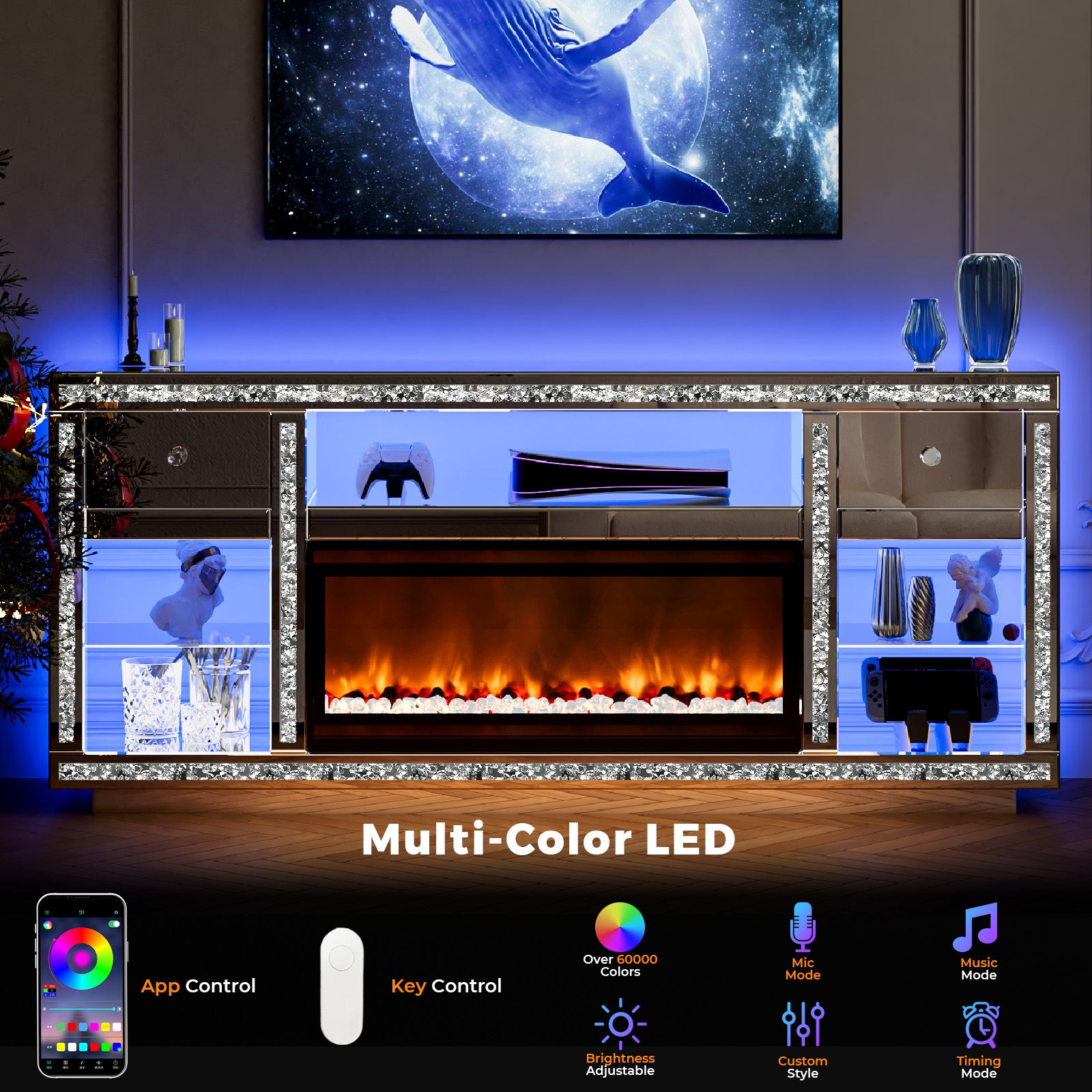 Advwin Mirrored TV Stand with Simulated Fireplace