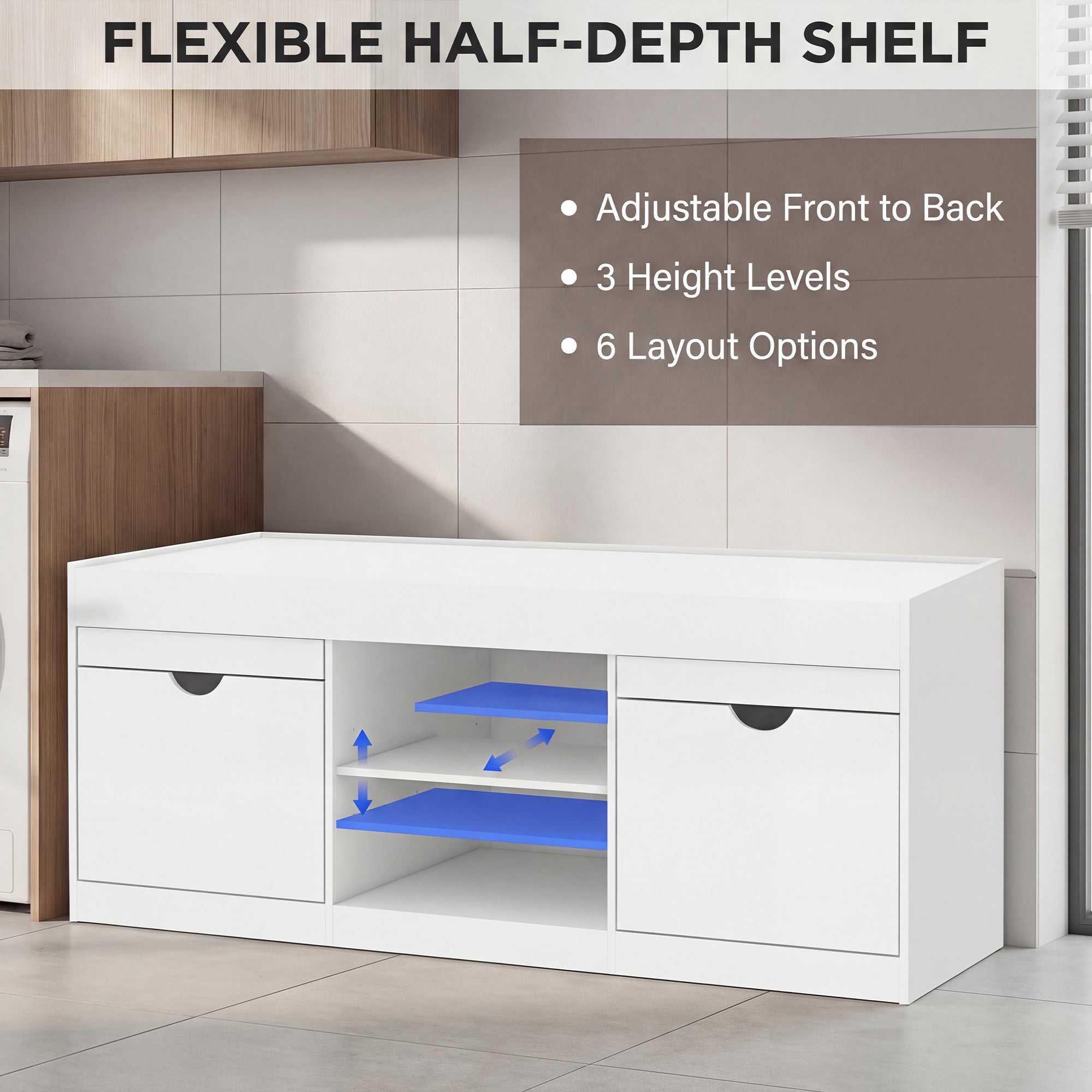 White TV stand with flexible half-depth shelf in a room setting