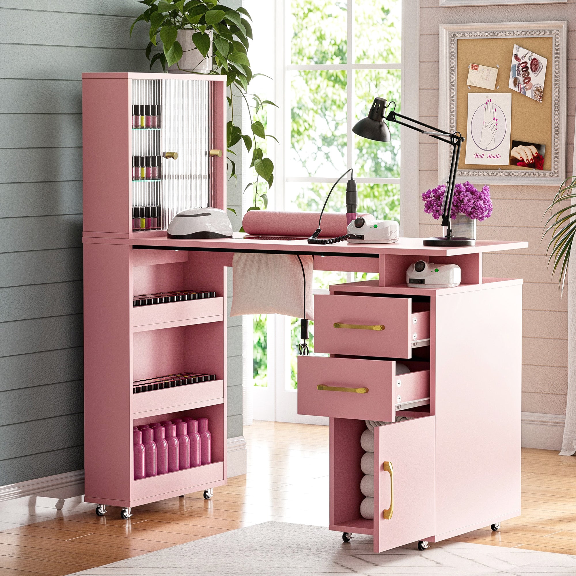 Advwin Manicure Table with Glass Door Cabinets & Wheels