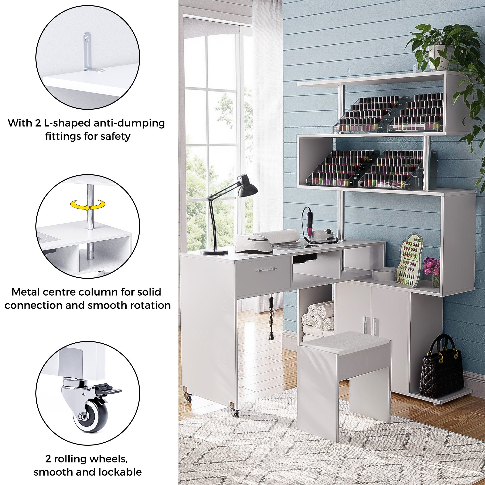 Advwin Rotating Manicure Table Nail Desk with Stool L-Shaped