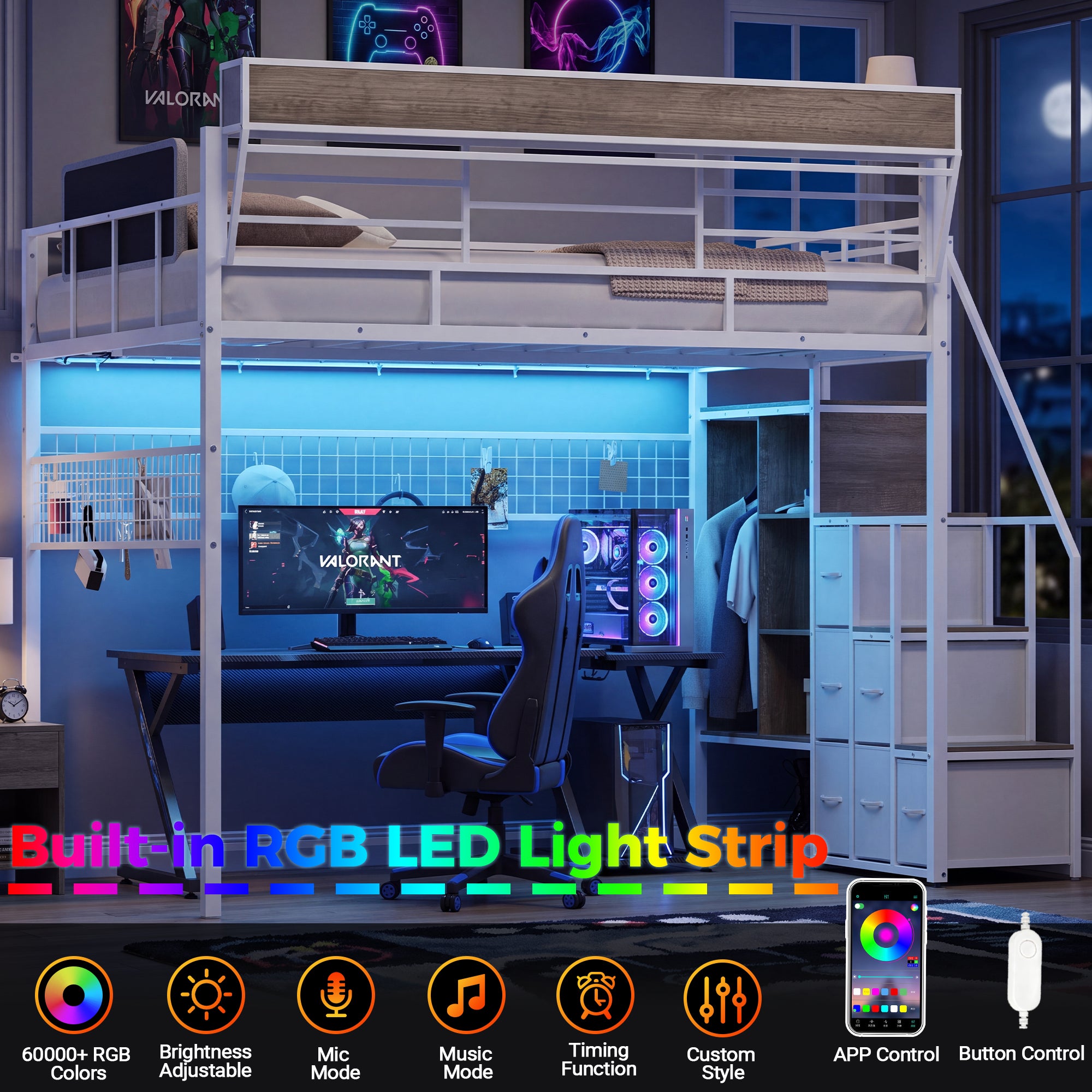Advwin Loft Bed w/ Stairs, Storage and LED Light