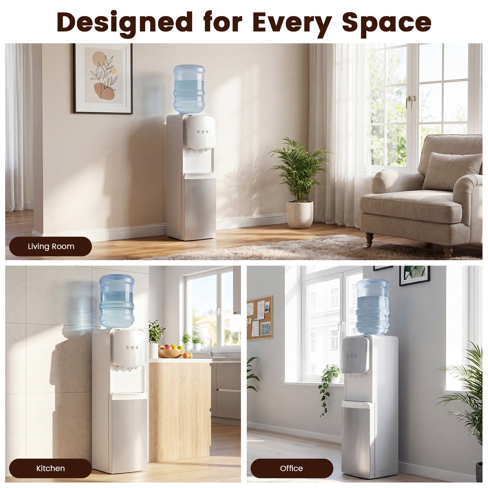 White water cooler with blue water tank in living room, kitchen, and office settings.