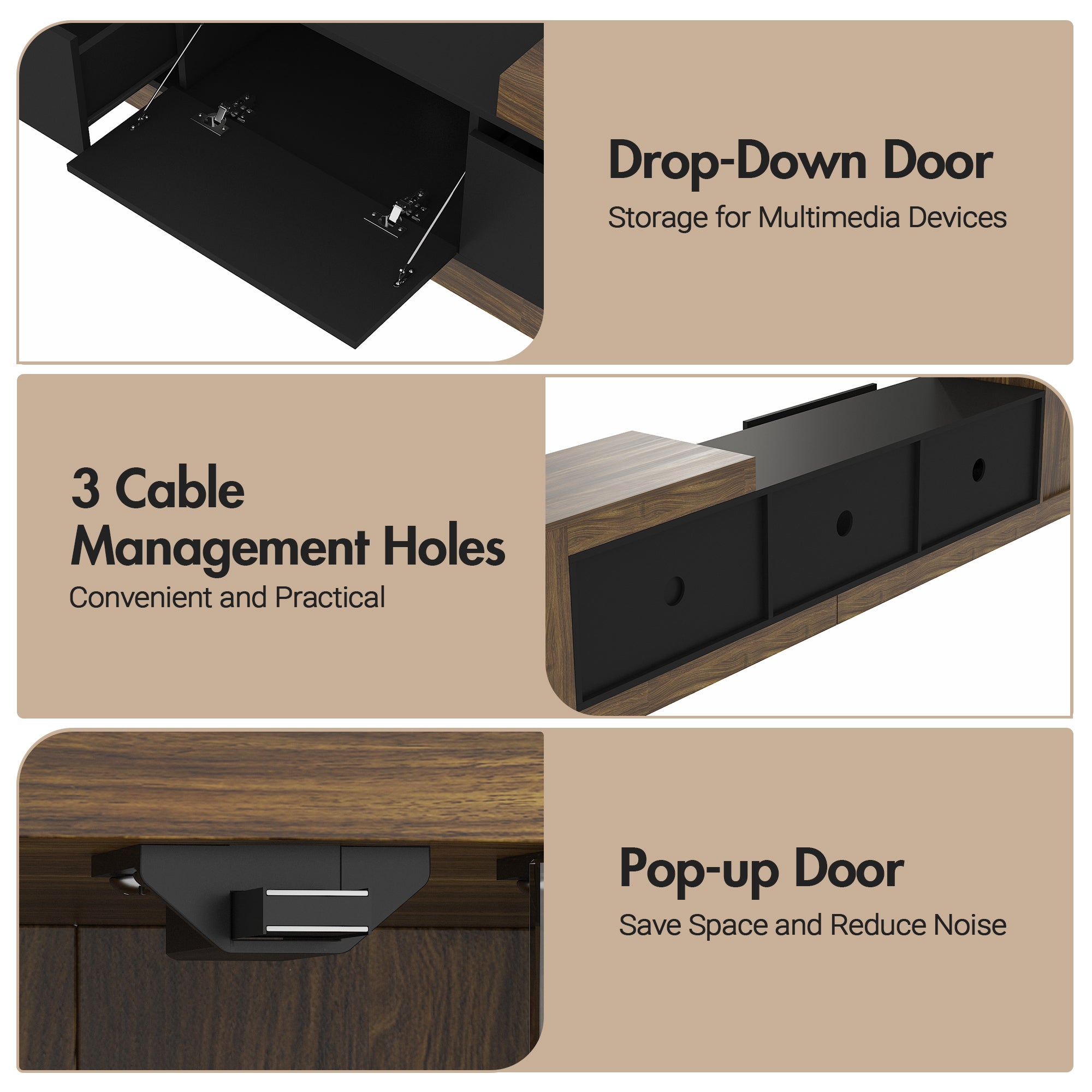 Multimedia device storage unit with drop-down, pop-up, and cable management features.
