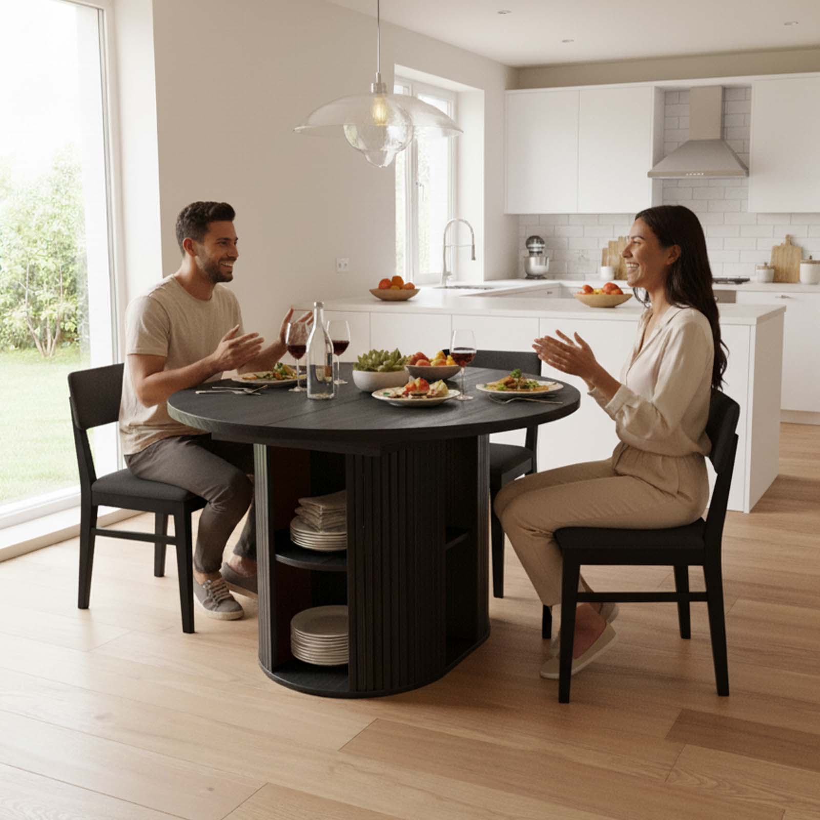 Two people sitting at a round black dining table in a modern kitchen.