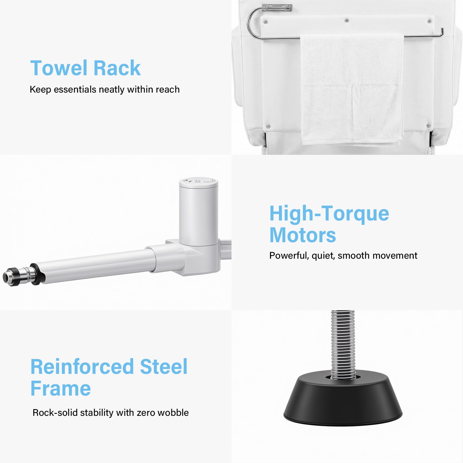 Towel rack with high-torque motors and reinforced steel frame on a white background