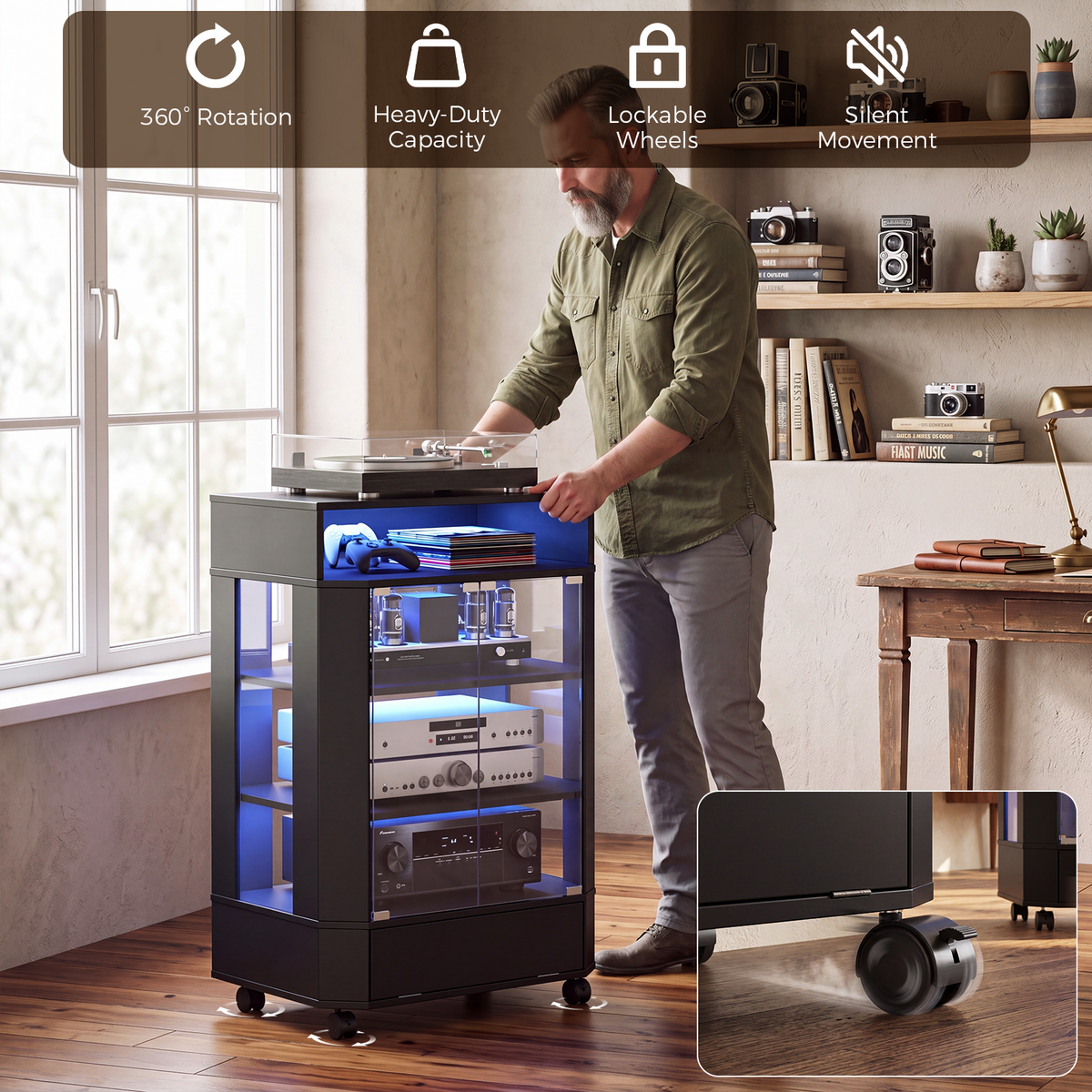 Advwin 6-Tier Media Cabinet with Tempered Glass Door
