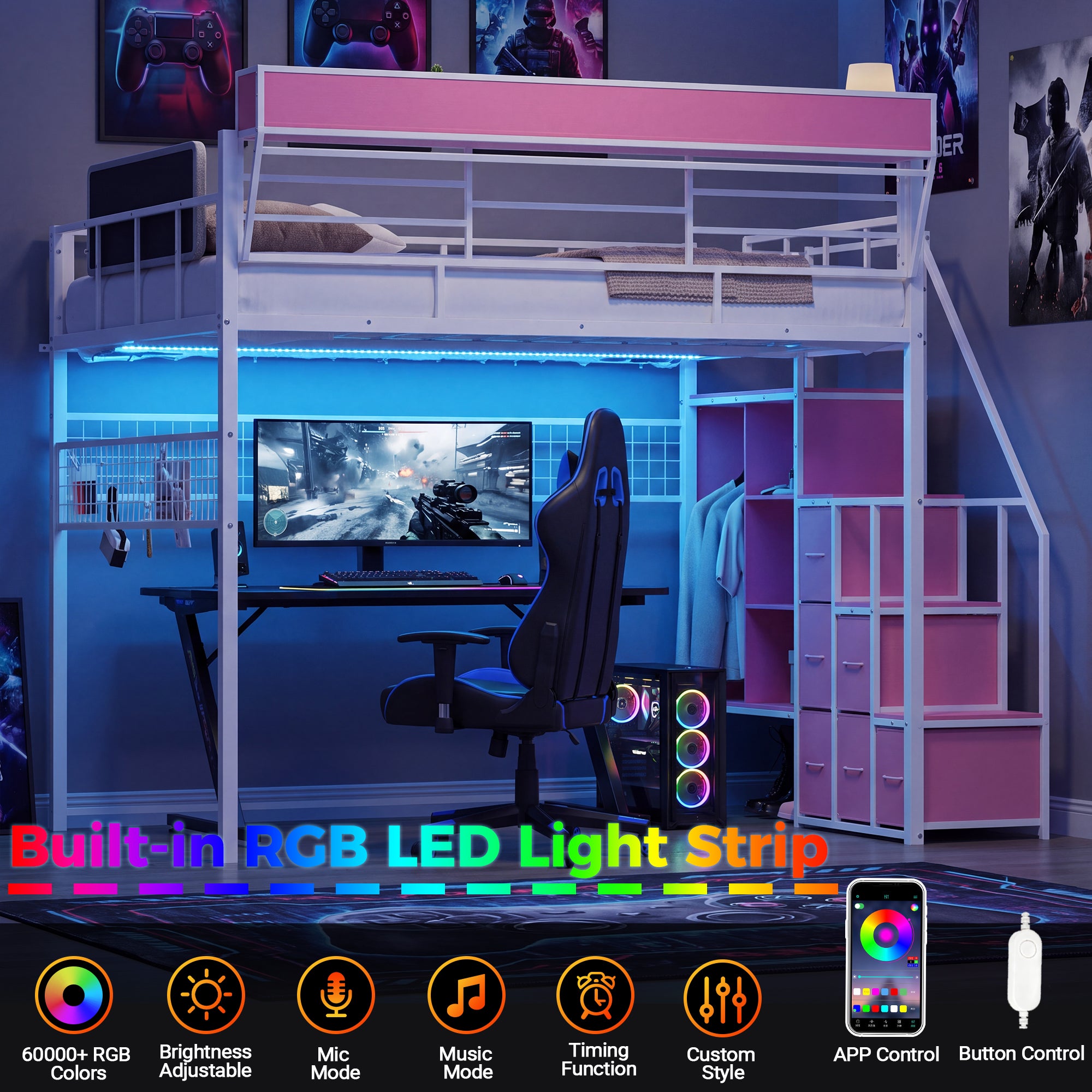 Advwin Loft Bed w/ Stairs, Storage and LED Light