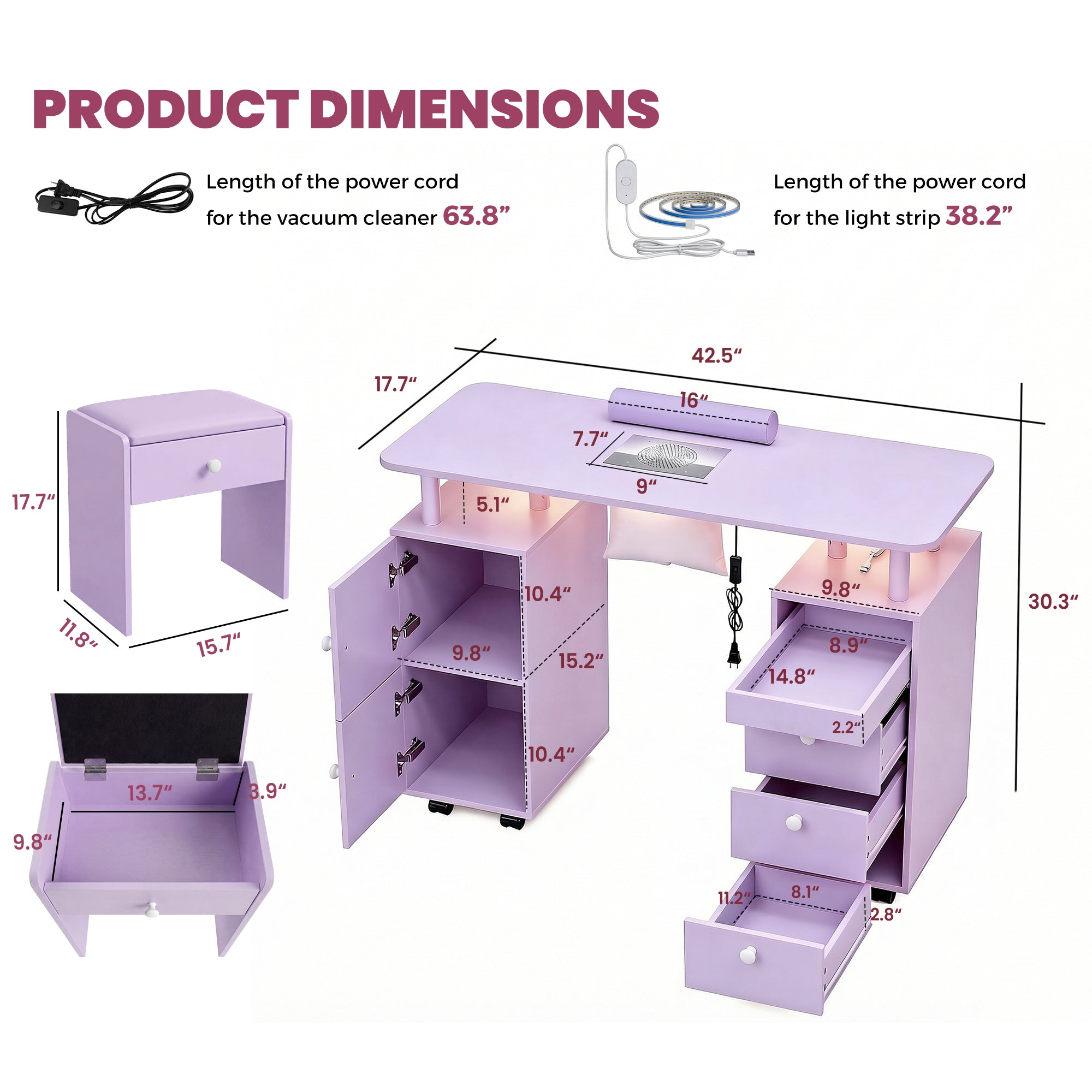 Advwin Nail Desk & Storage Stool Set for Nail Tech