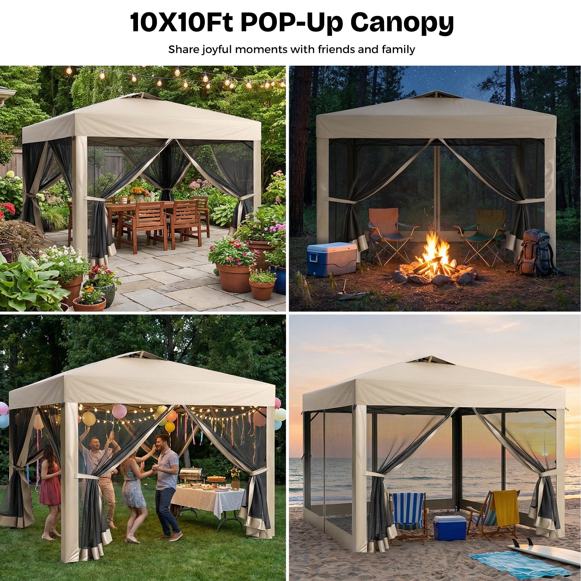10x10ft pop-up canopy used in various outdoor settings with people and activities.