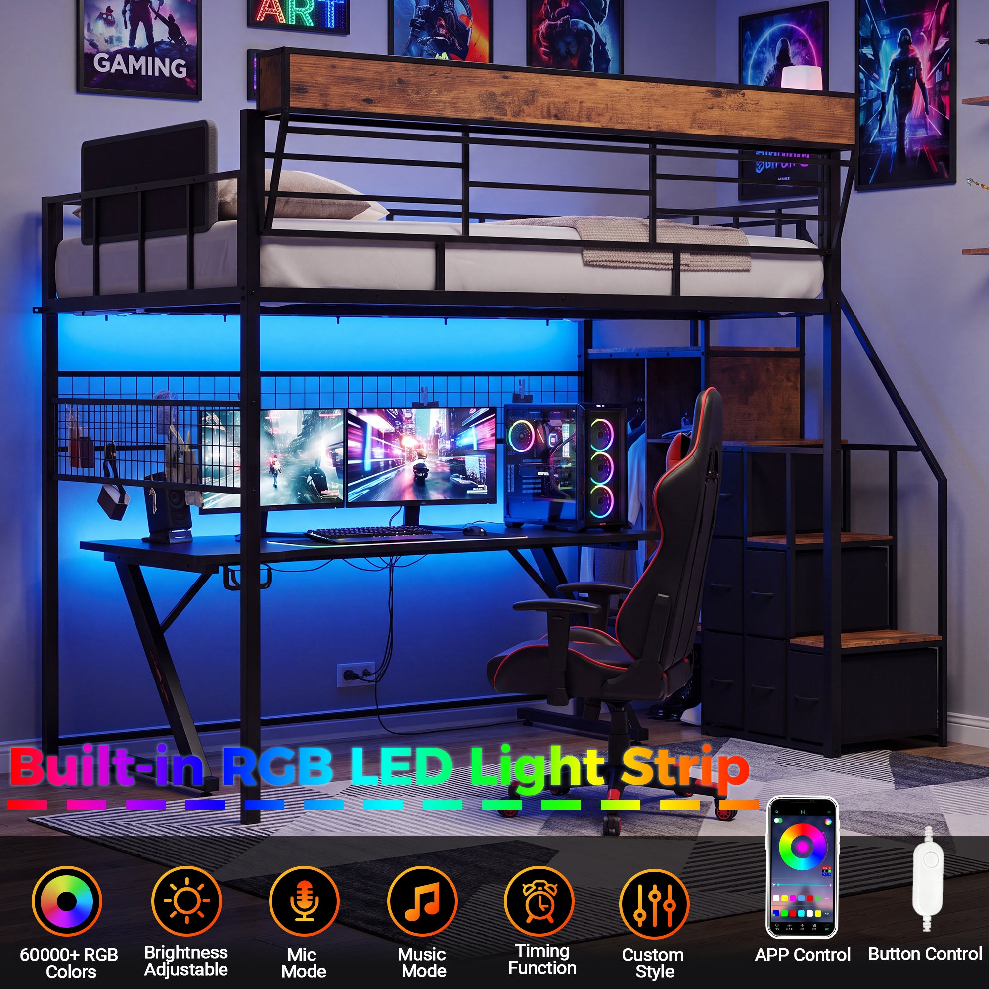 Advwin Loft Bed w/ Stairs, Storage and LED Light