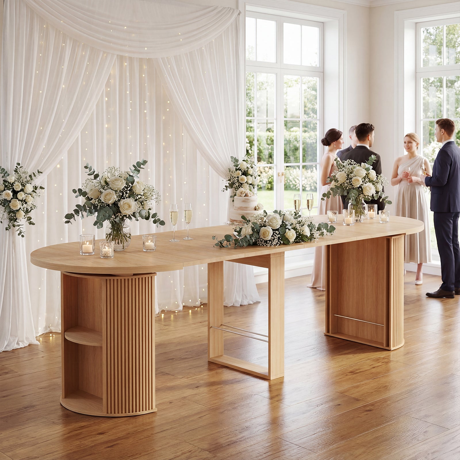 Wooden dining table with floral arrangements in a bright room with large windows.