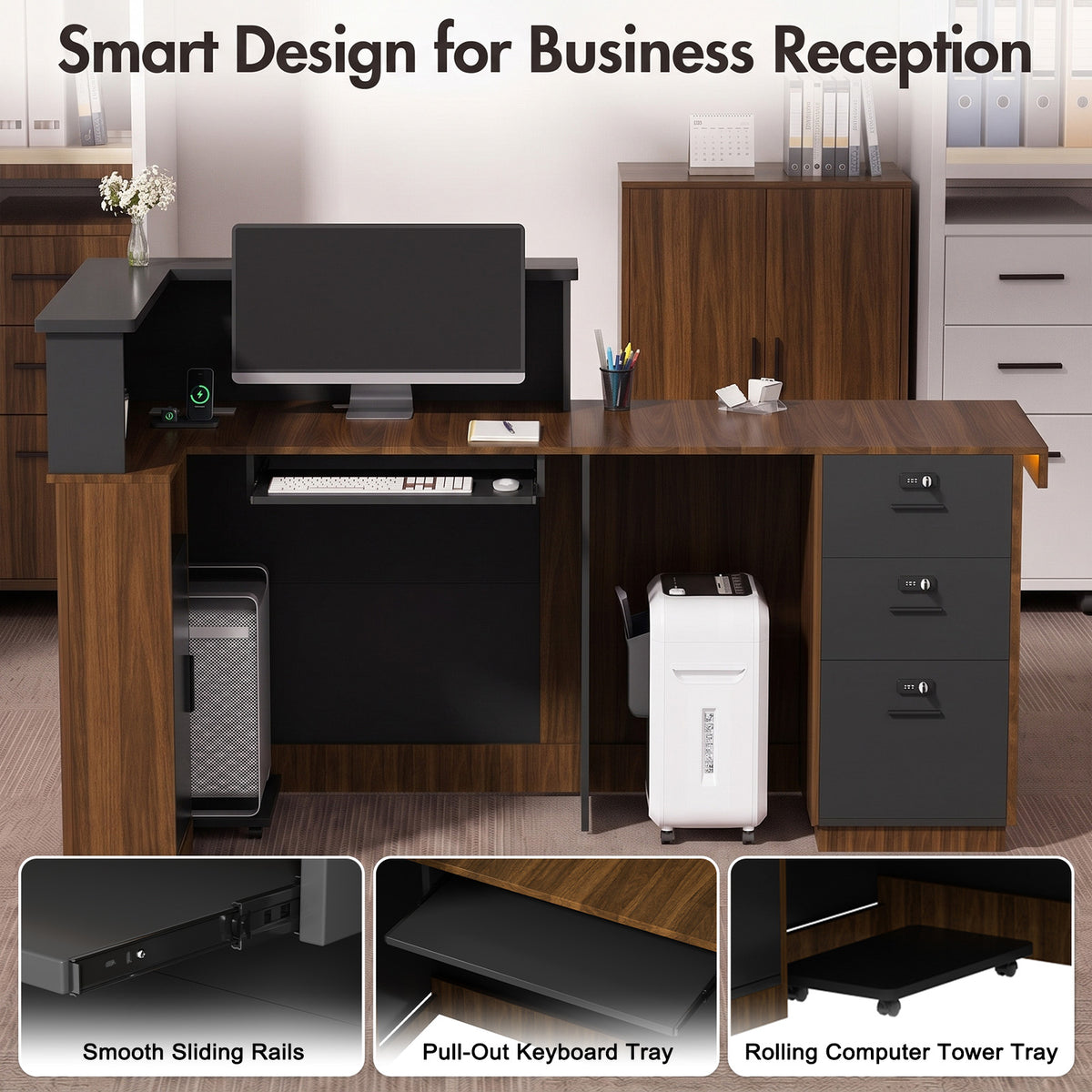 Advwin L-Shape Fluted Reception Desk w/ Counter & LED