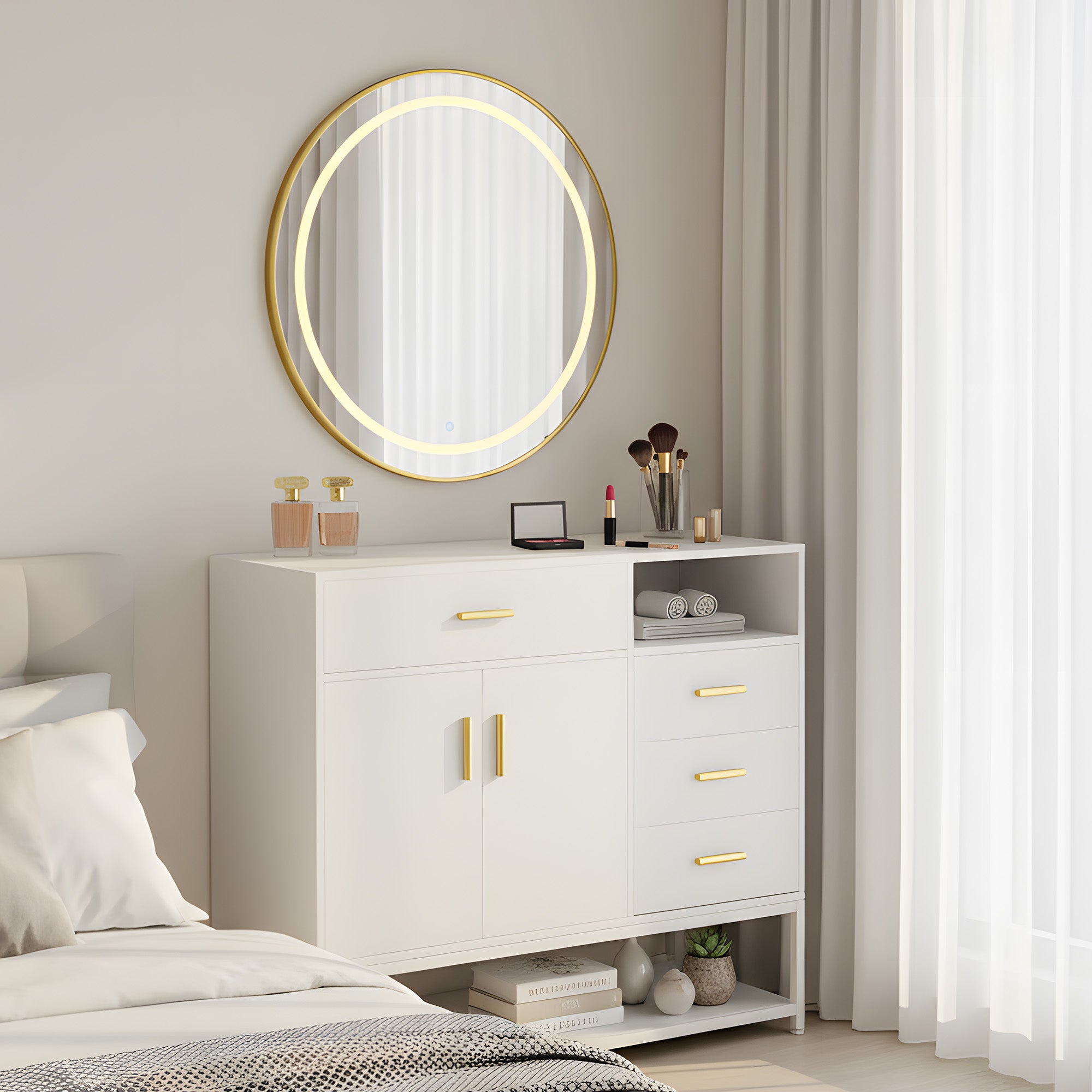 White dresser with round mirror and decorative items in a bedroom setting