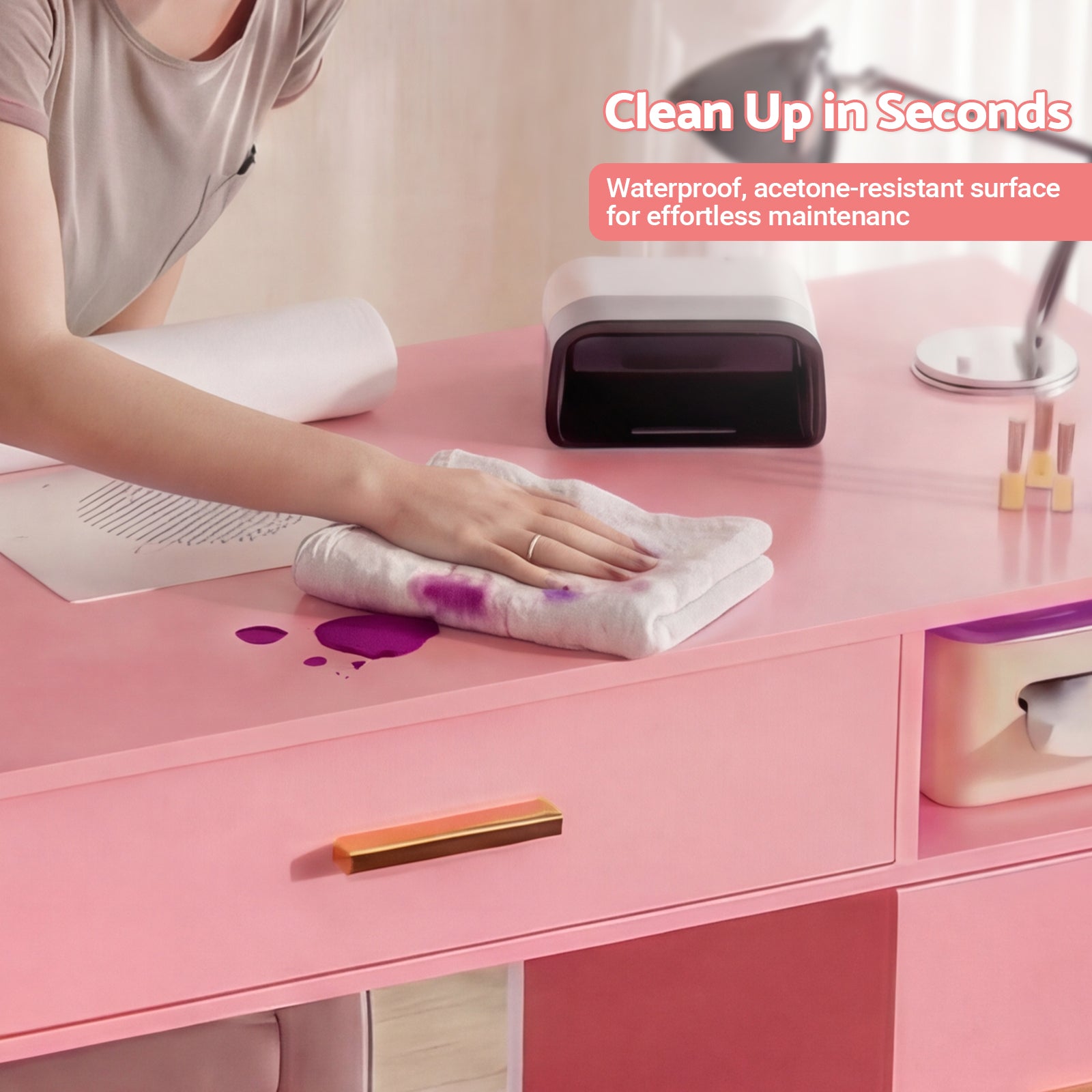 Person cleaning a pink desk with a device labeled 'Clean Up in Seconds'.