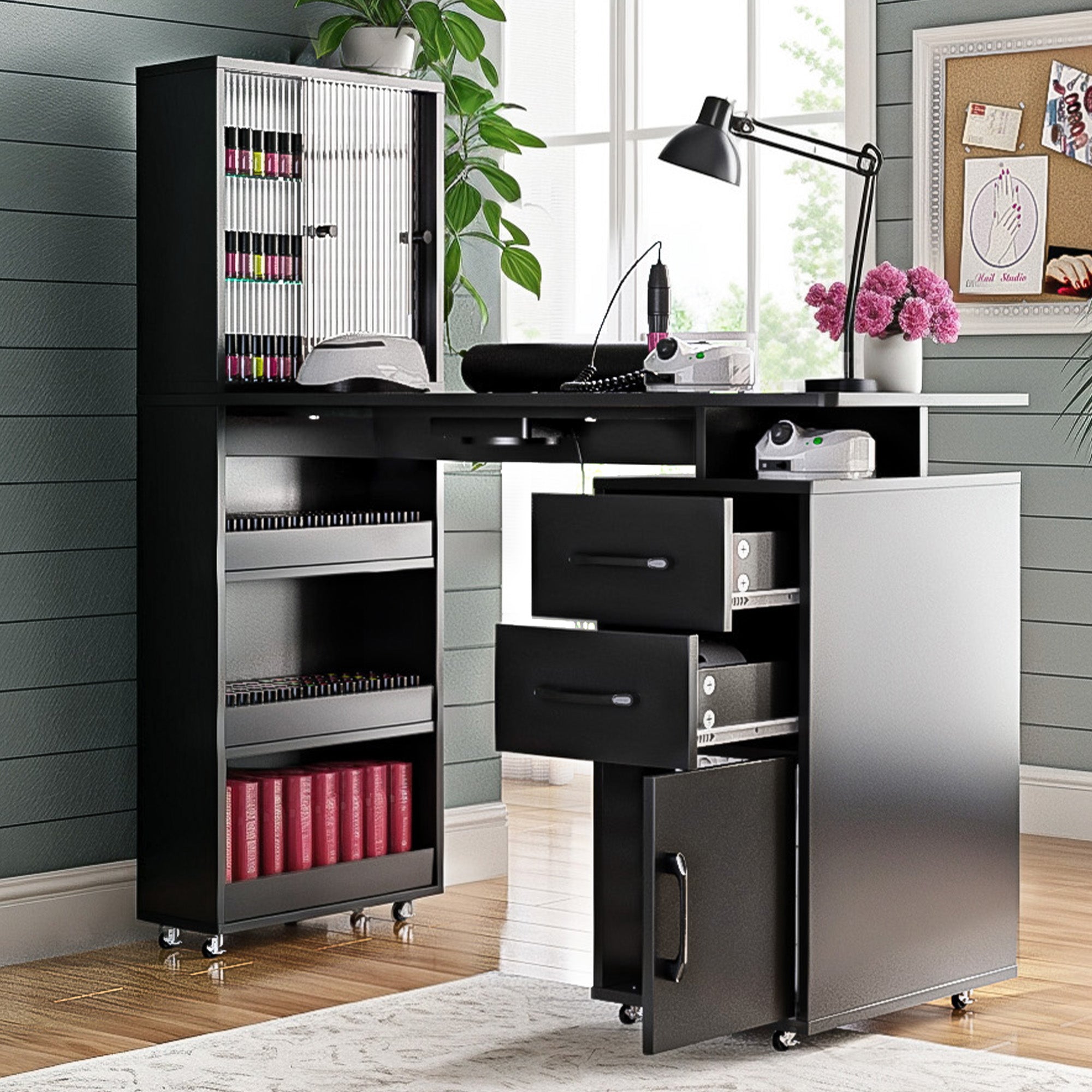 Advwin Manicure Desk Nail Desk Dust Collector, Cabinet, Shelves