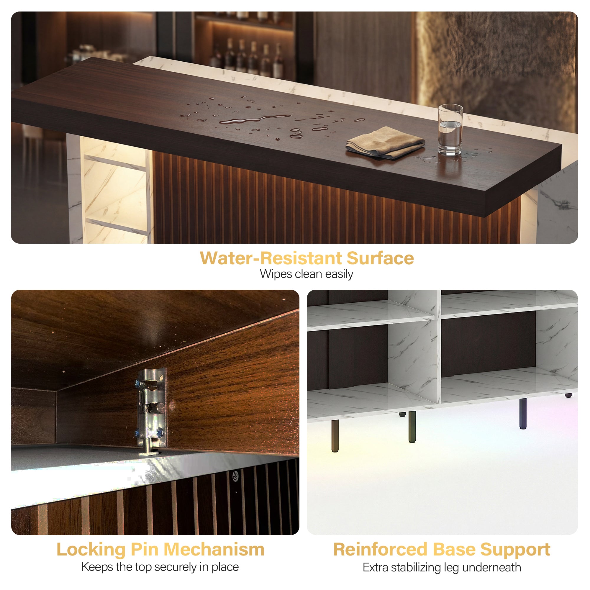Wooden desk with water-resistant surface, locking pin mechanism, and reinforced base support.