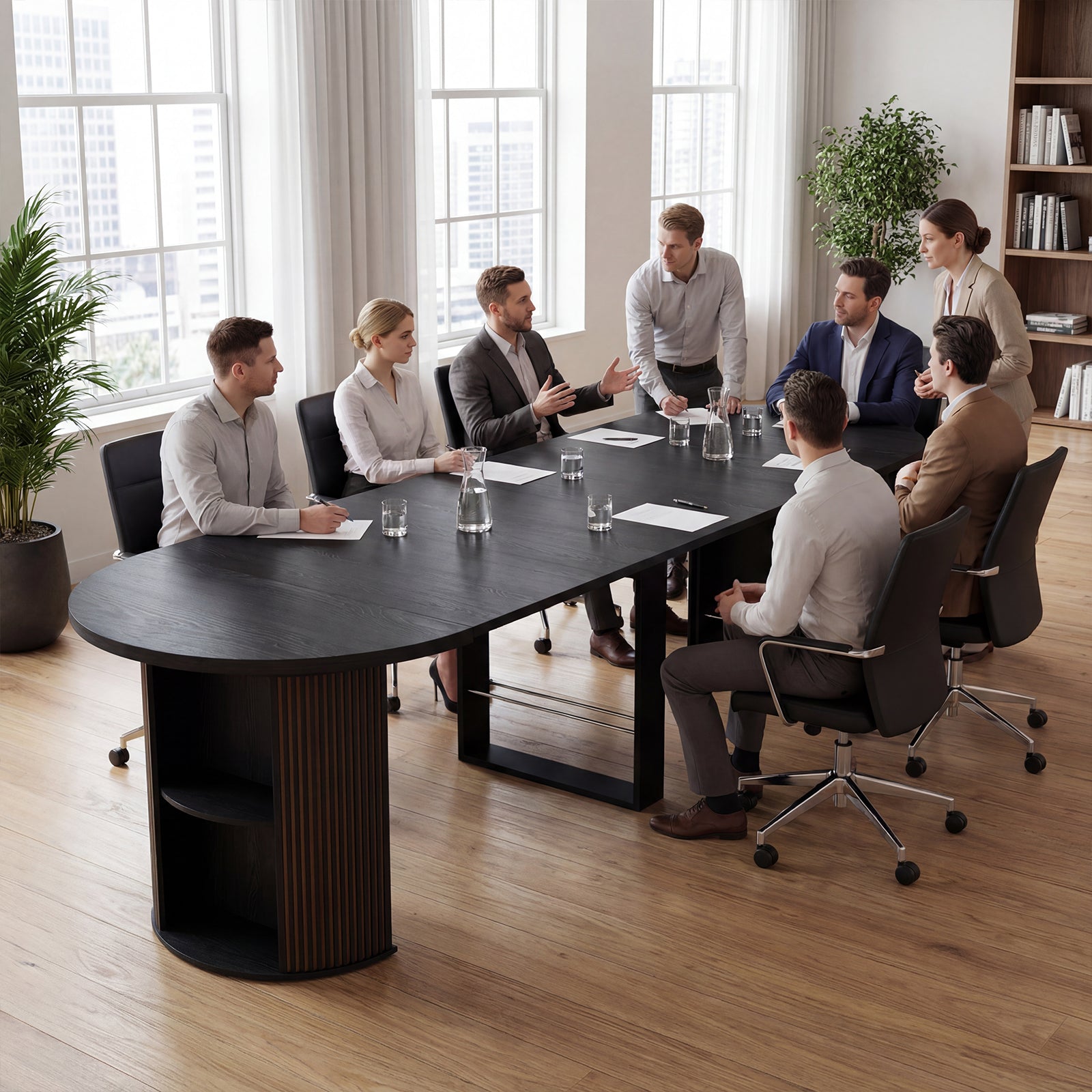 Group of professionals in a meeting around a large conference table in a modern office setting.