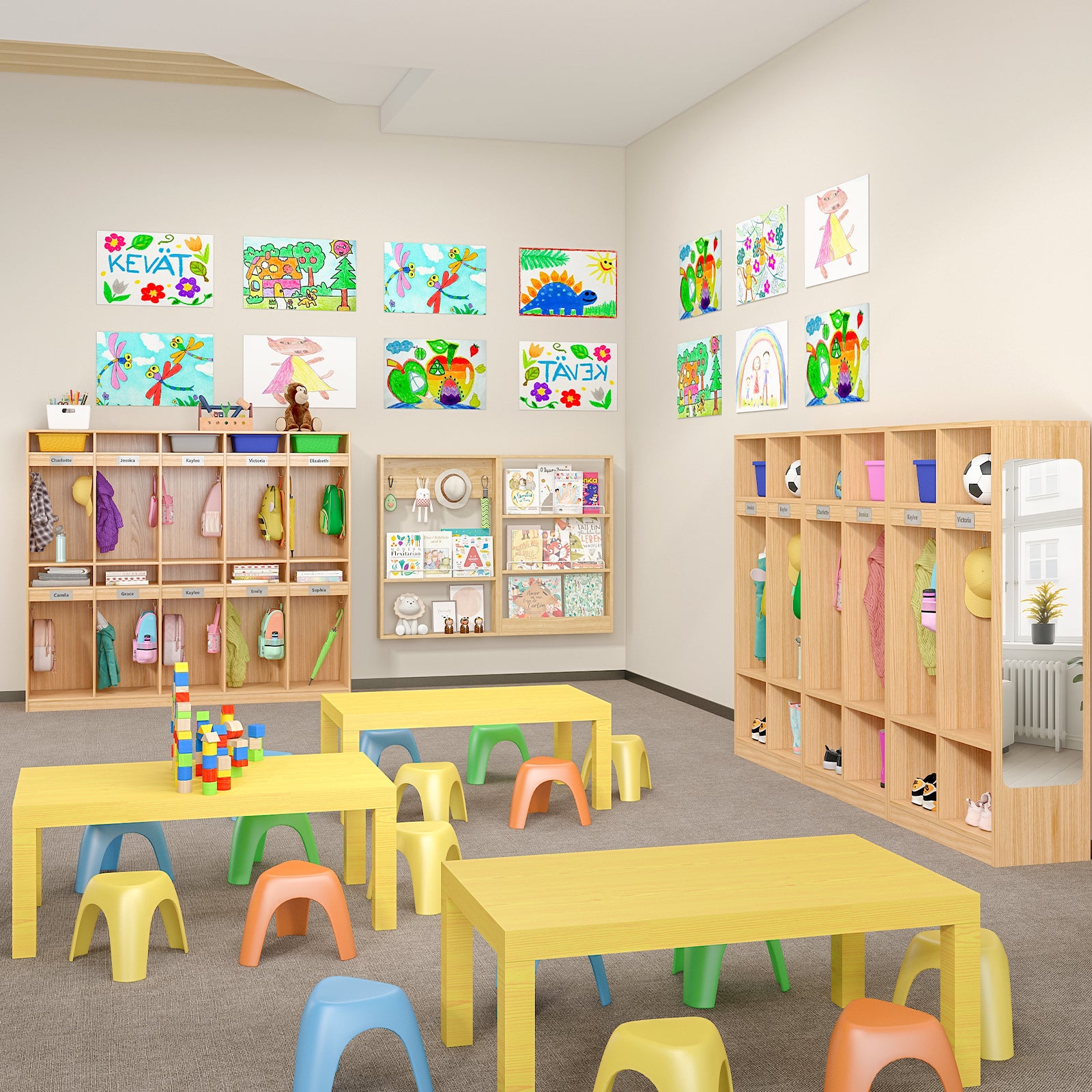Children's playroom with colorful tables, chairs, and educational posters on the wall.
