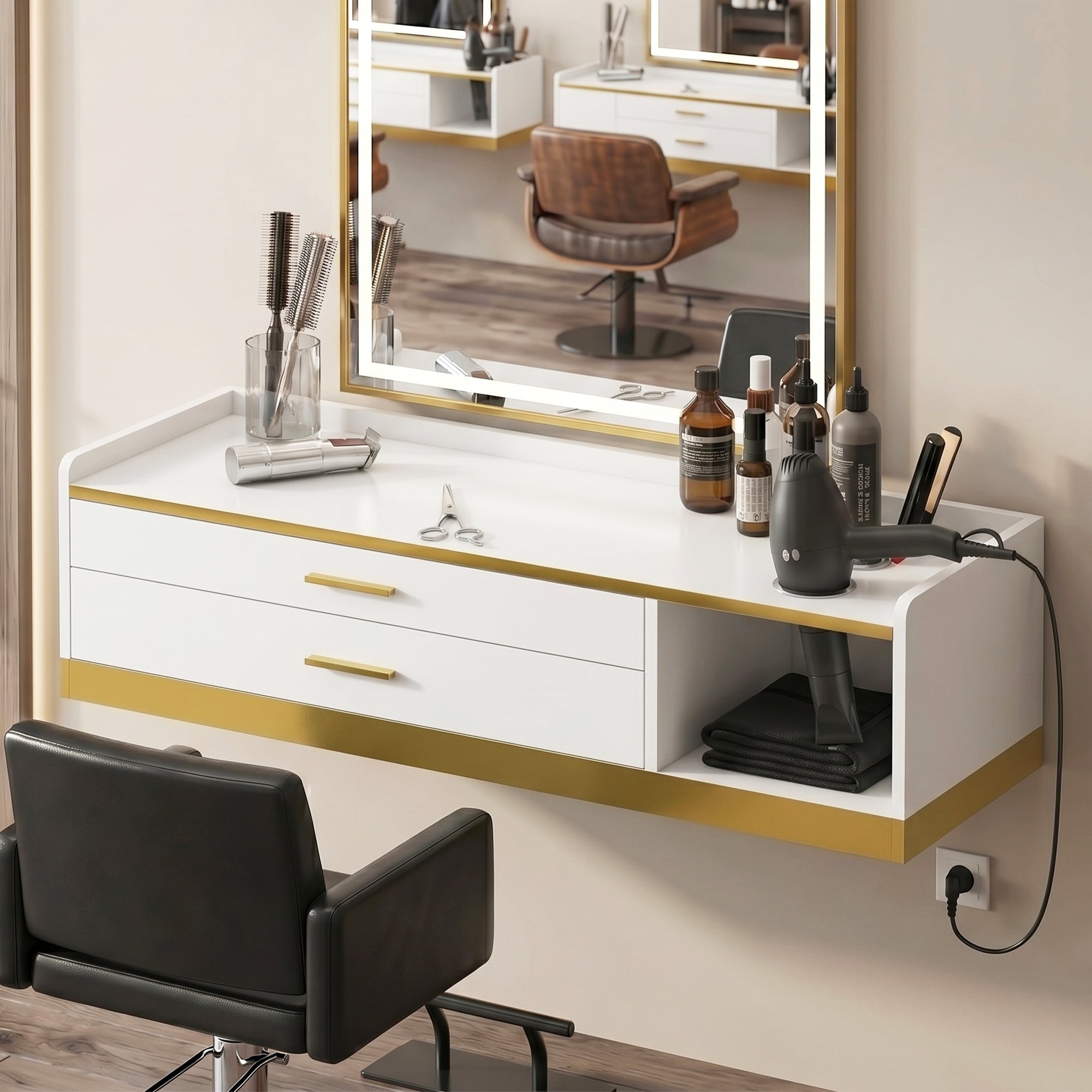 Advwin Wall Mount Barber Desk w/ Gold Accent