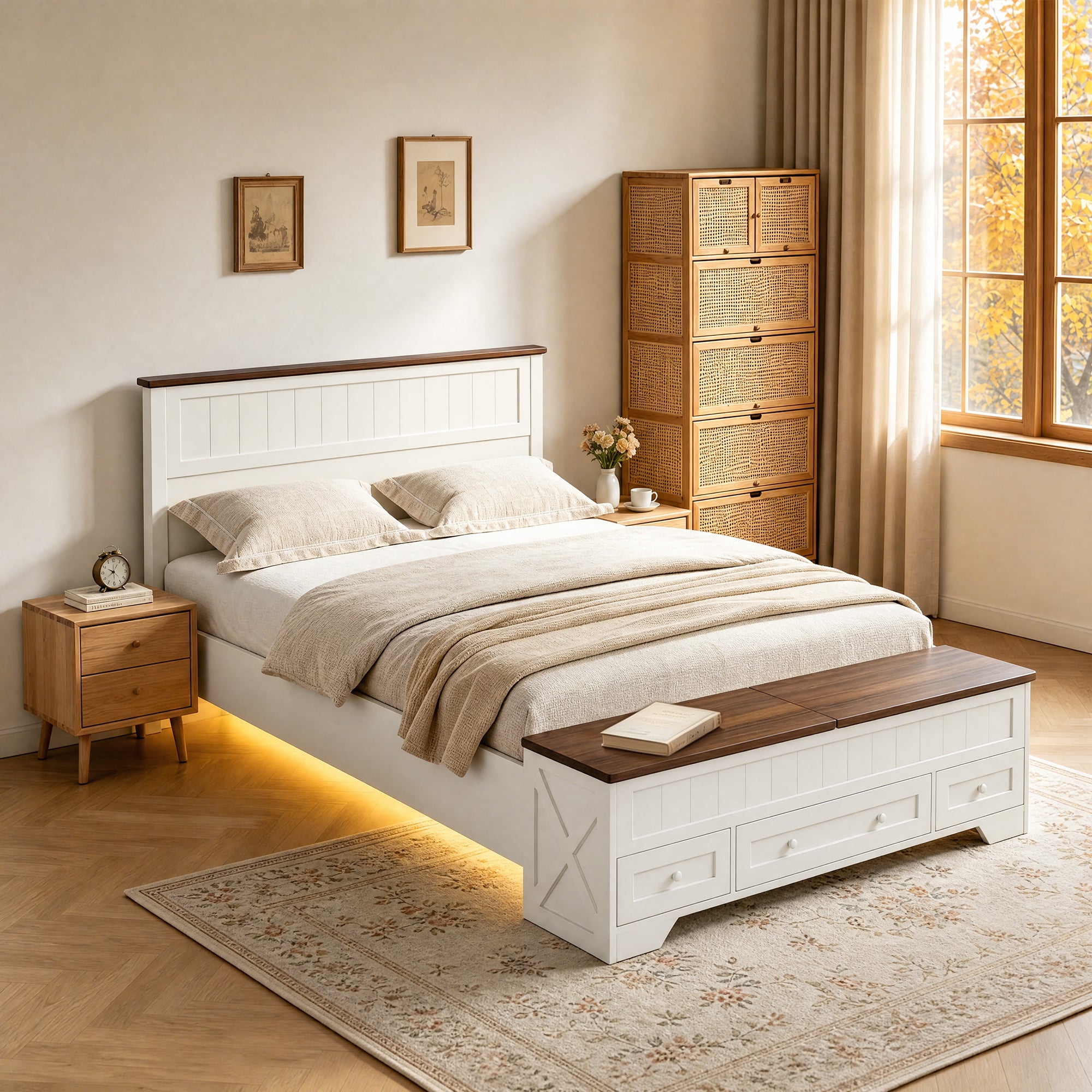 Advwin Queen Farmhouse Bed w/ Headboard & Storage Bench