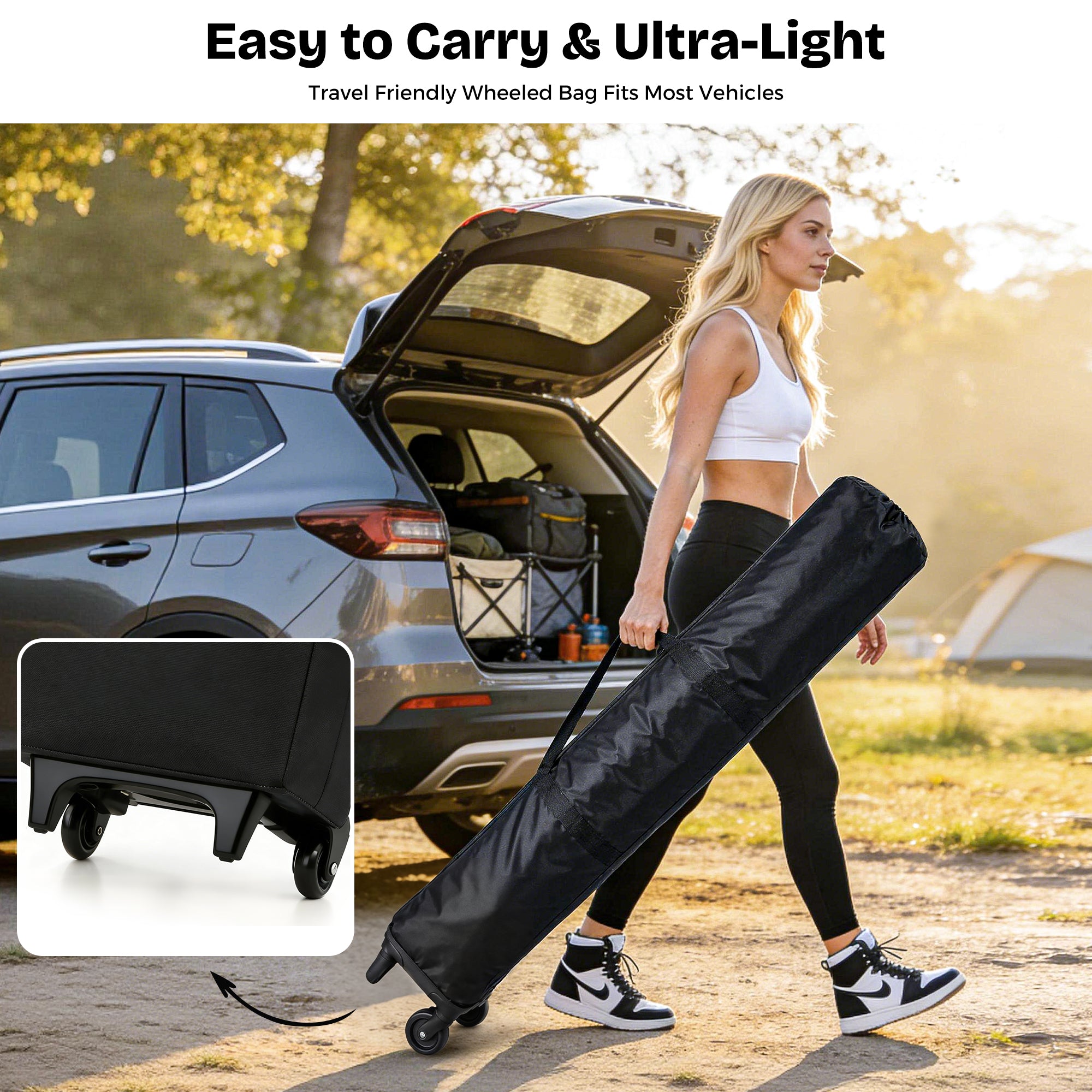 Woman carrying a travel-friendly wheeled bag near an open car trunk with text about ease of carrying and light weight.