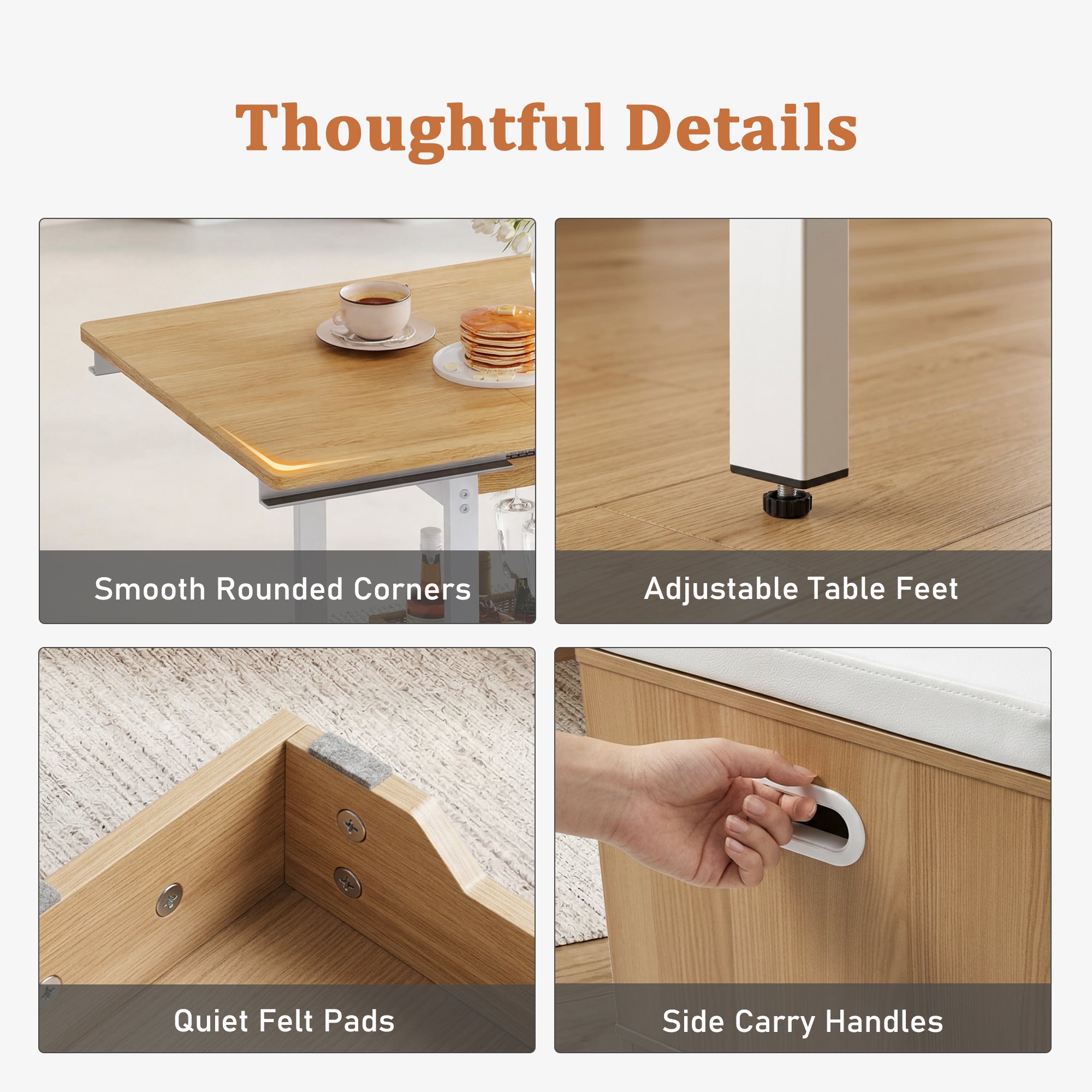 Wooden table with features highlighted: smooth rounded corners, adjustable feet, quiet felt pads, and side carry handles.