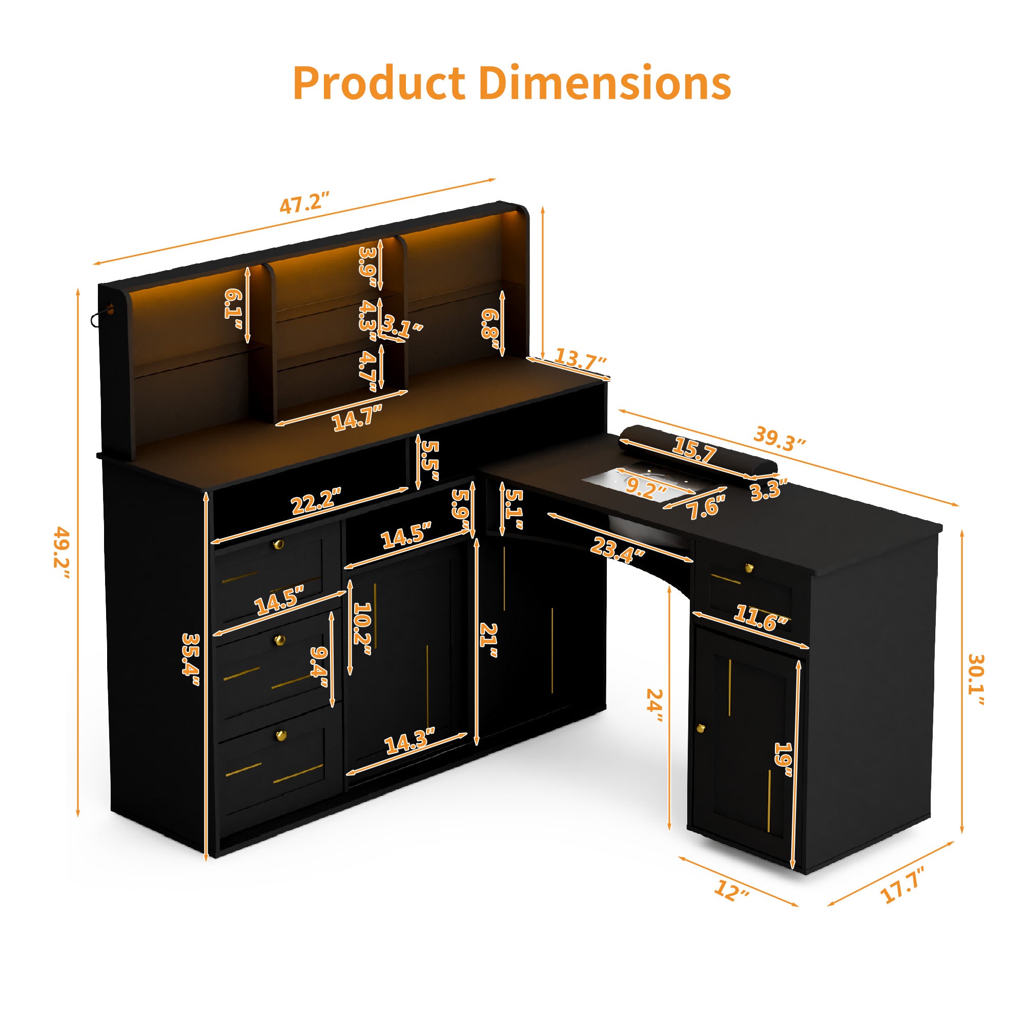 Black and gold vanity with dimensions labeled on a white background