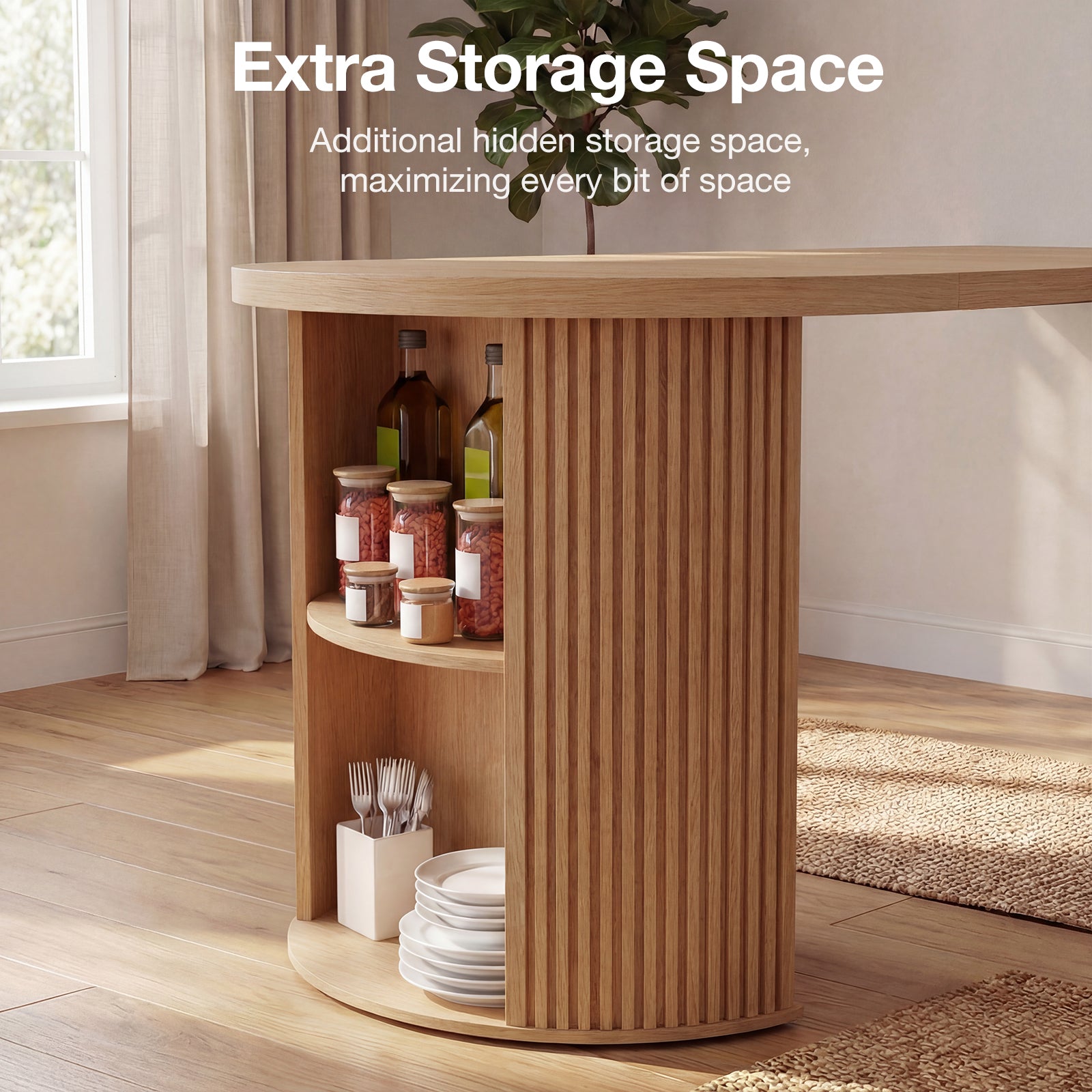 Wooden table with additional storage space underneath, featuring jars, bottles, and plates.