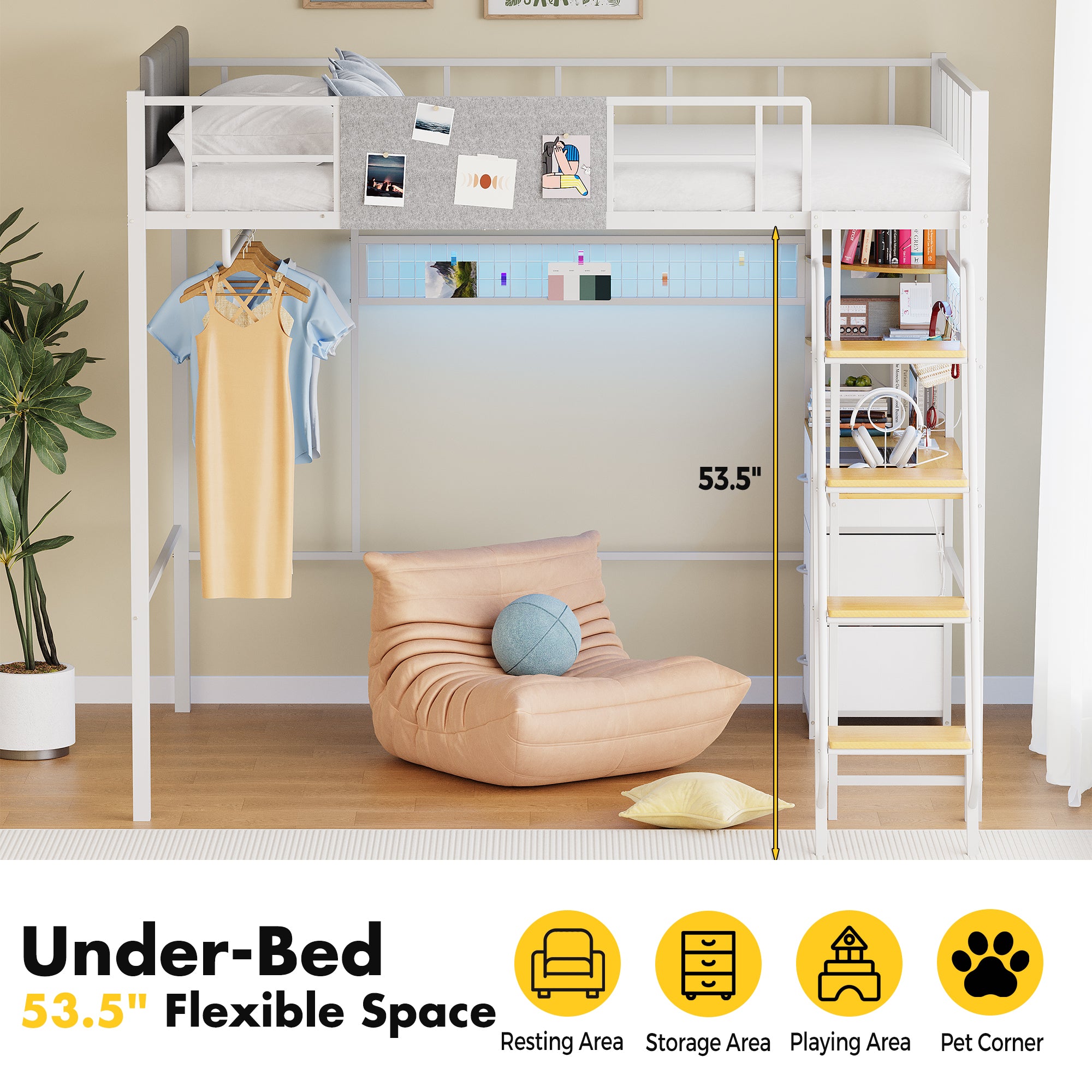 Loft bed with under-bed flexible space in a room setting