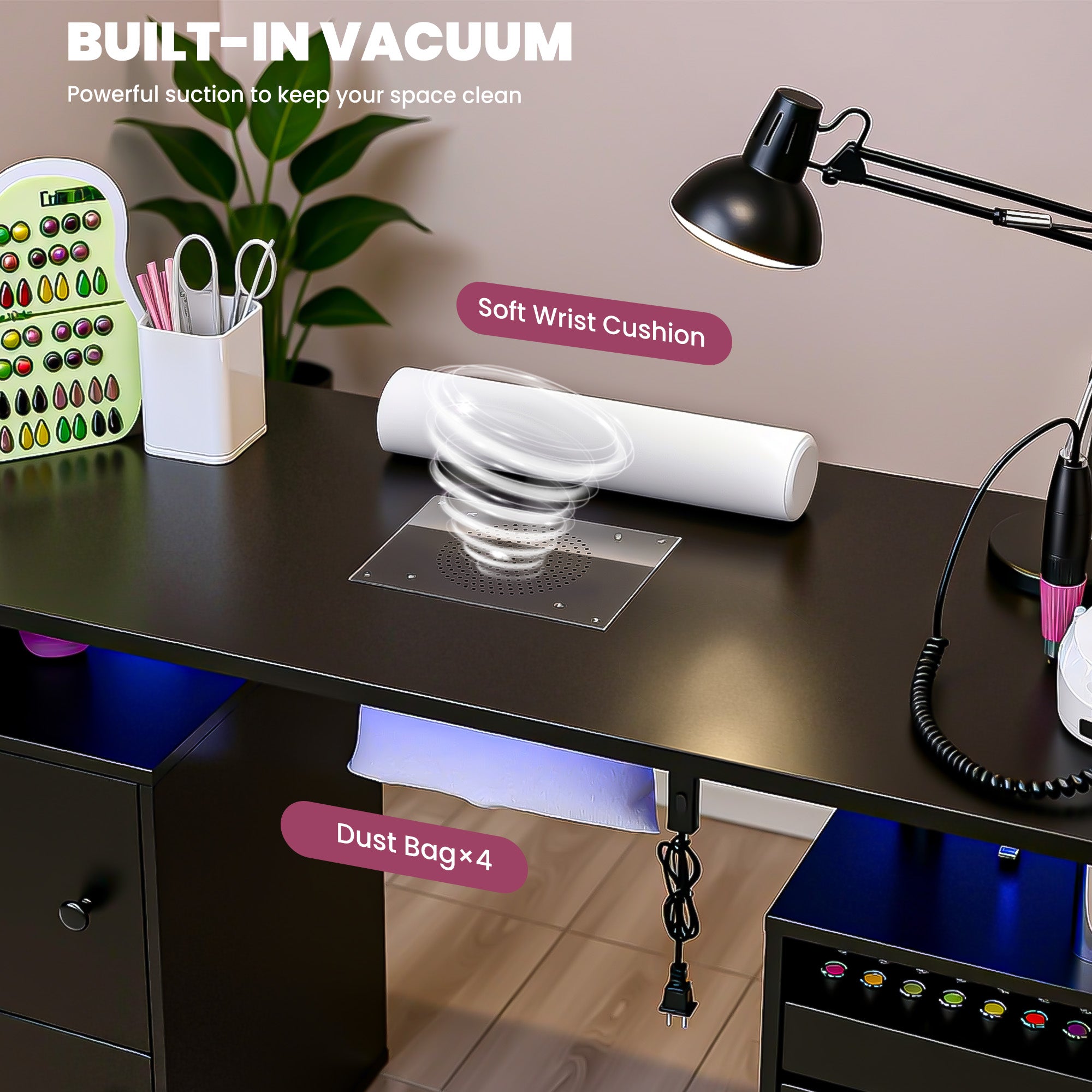 Advwin Nail Table w/ Dust Collector & Lockable Wheels