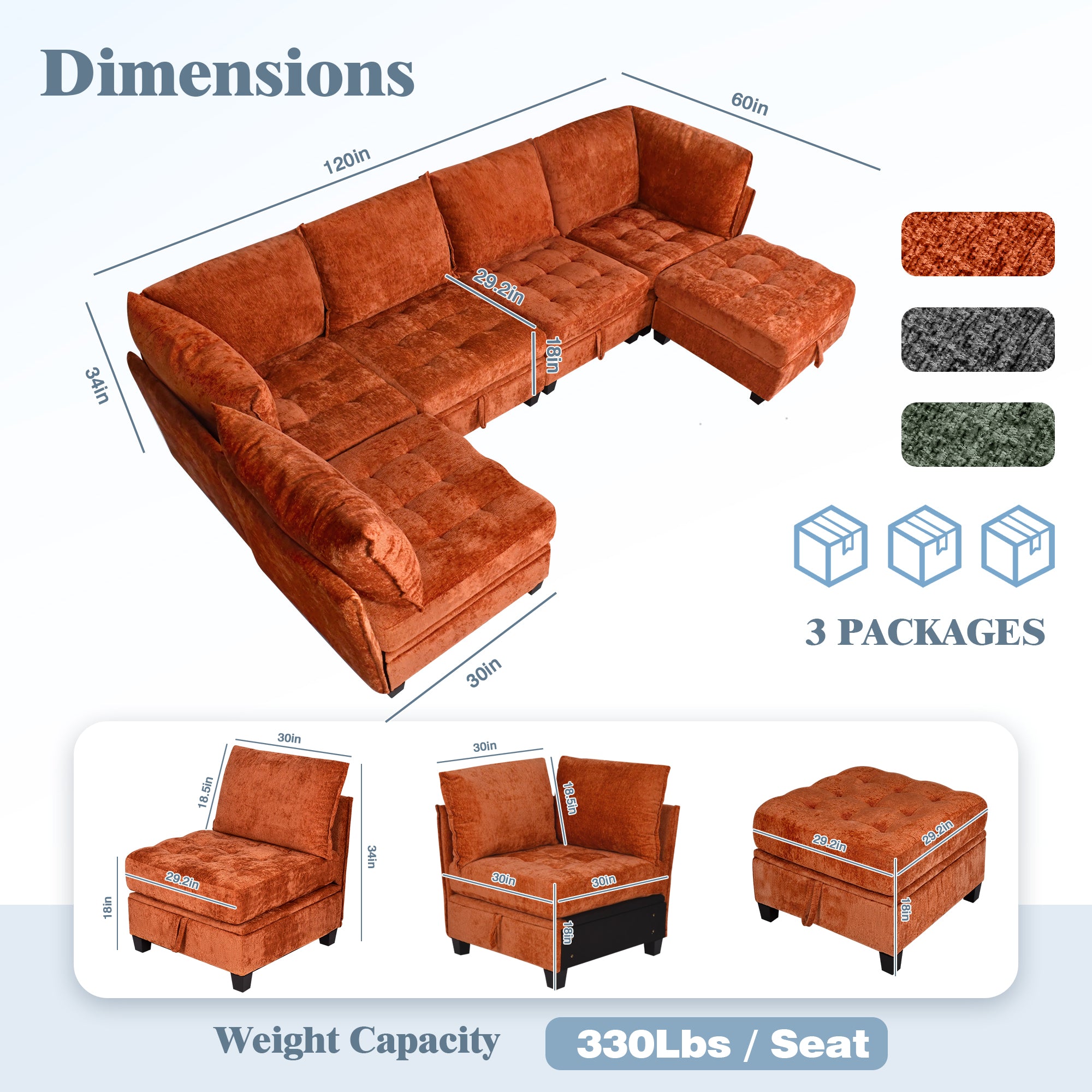 Orange sectional sofa with dimensions and weight capacity information on a white background