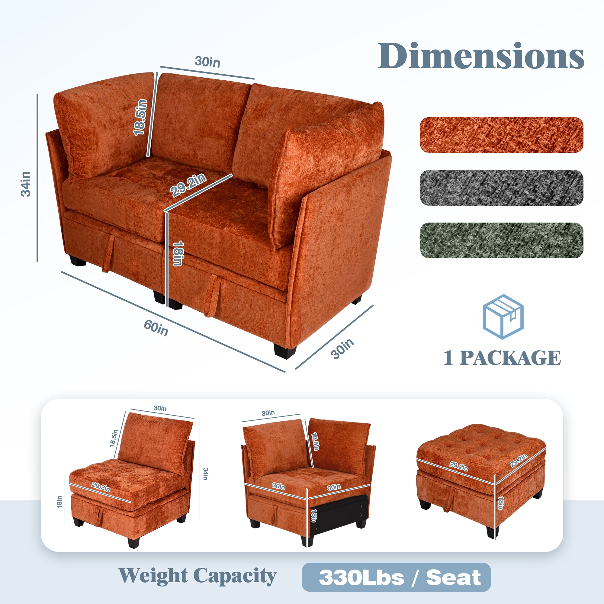 Orange sectional sofa with dimensions and color options on a white background
