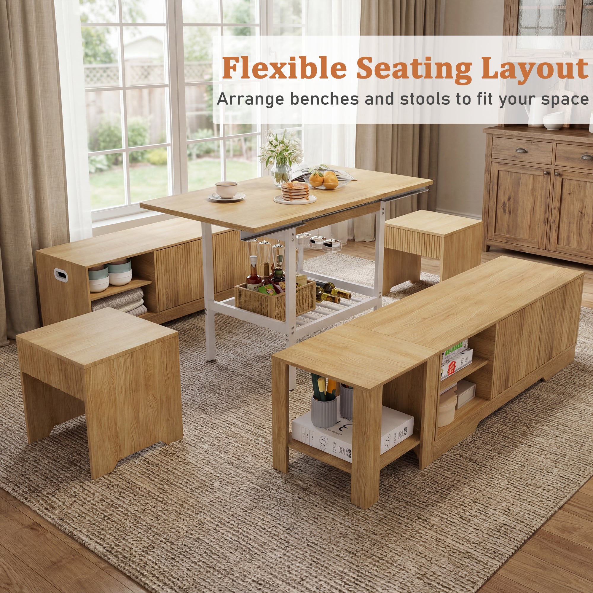 Wooden benches and stools arranged around a dining table in a room with large windows.