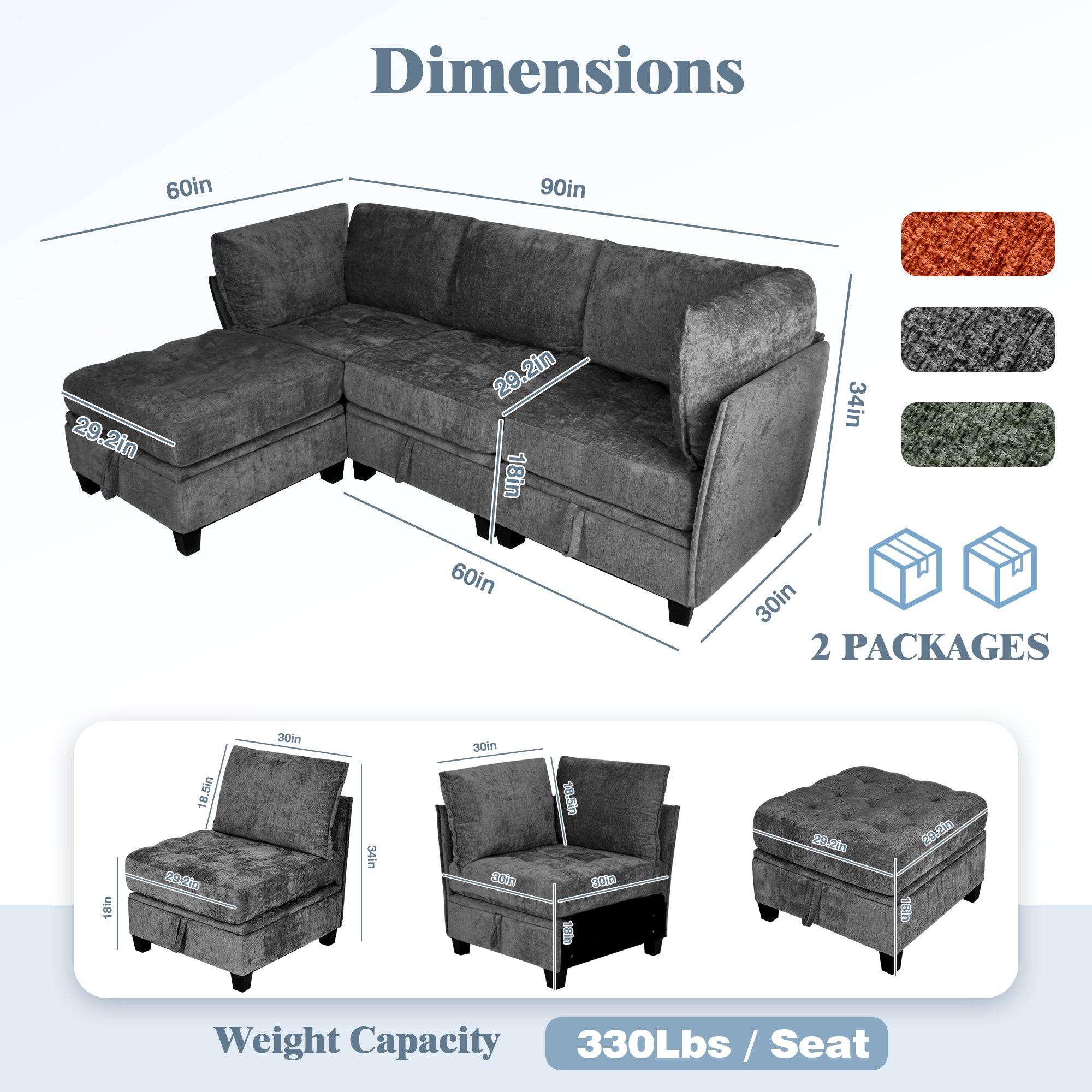 Gray sectional sofa with dimensions and color options on a white background