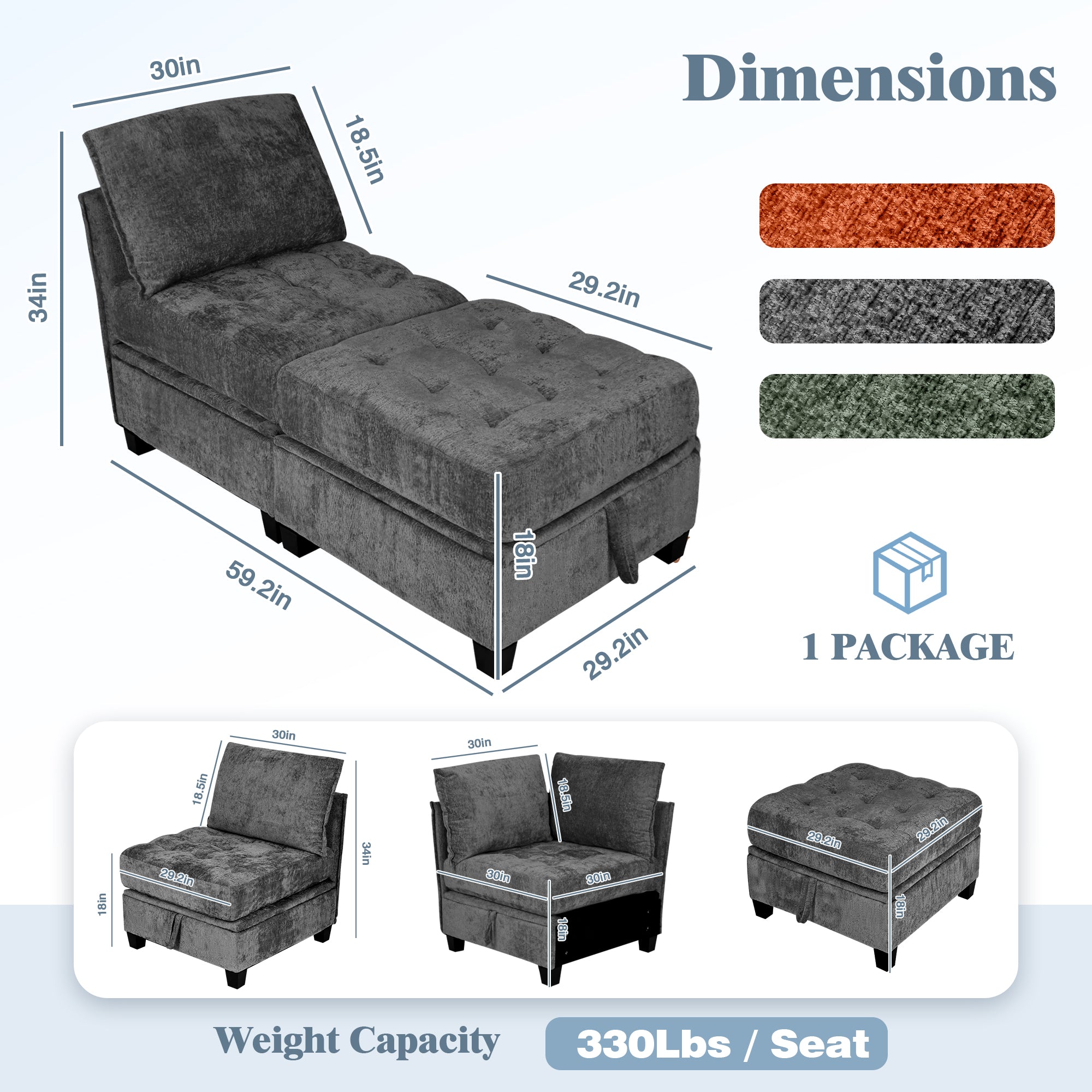 Gray sectional sofa with dimensions and color options on a white background