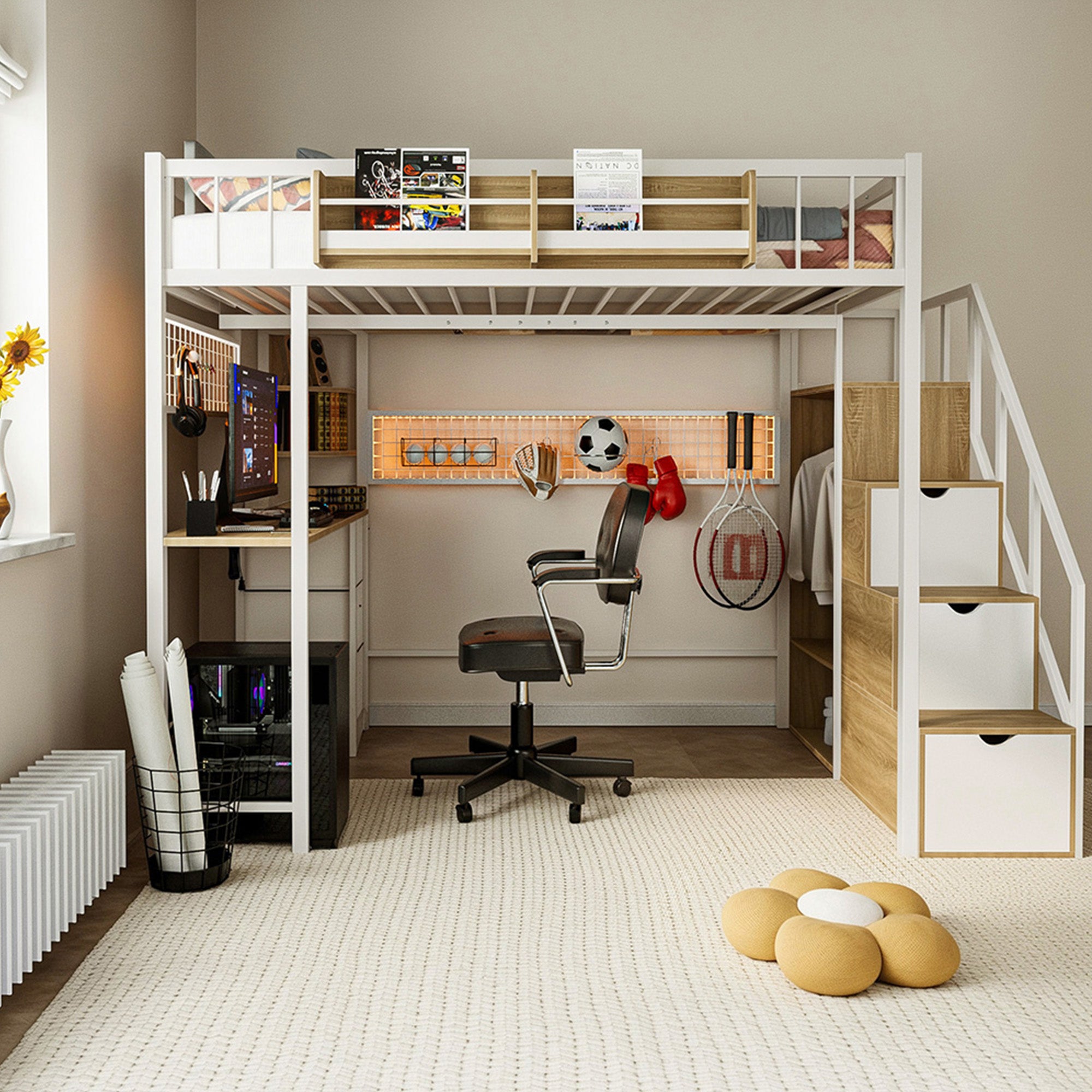 Advwin Loft Bed with Desk and Stairs