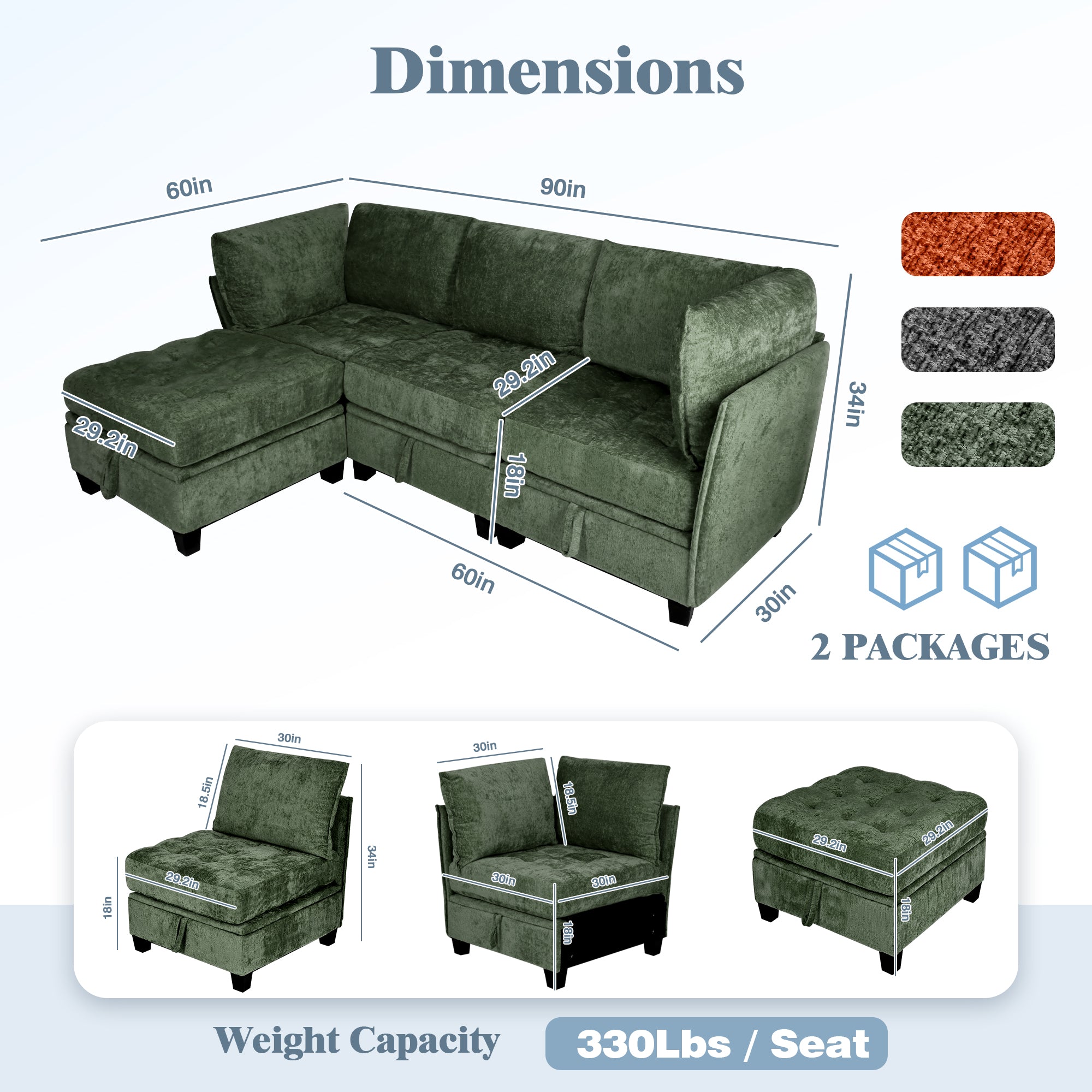 Green sectional sofa with dimensions and color options on a white background