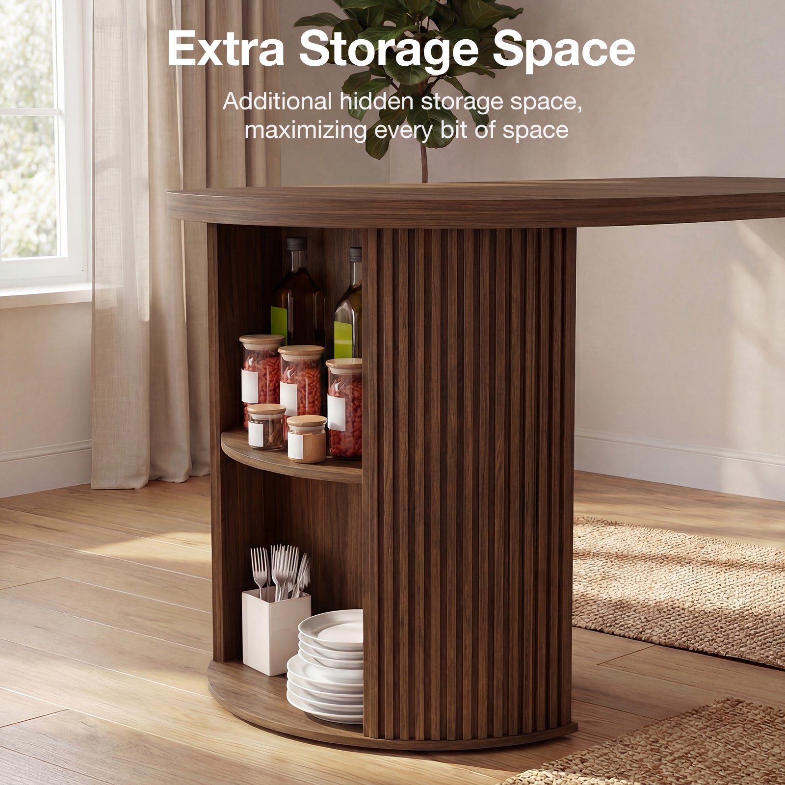 Wooden table with hidden storage compartments in a room with a window and rug.